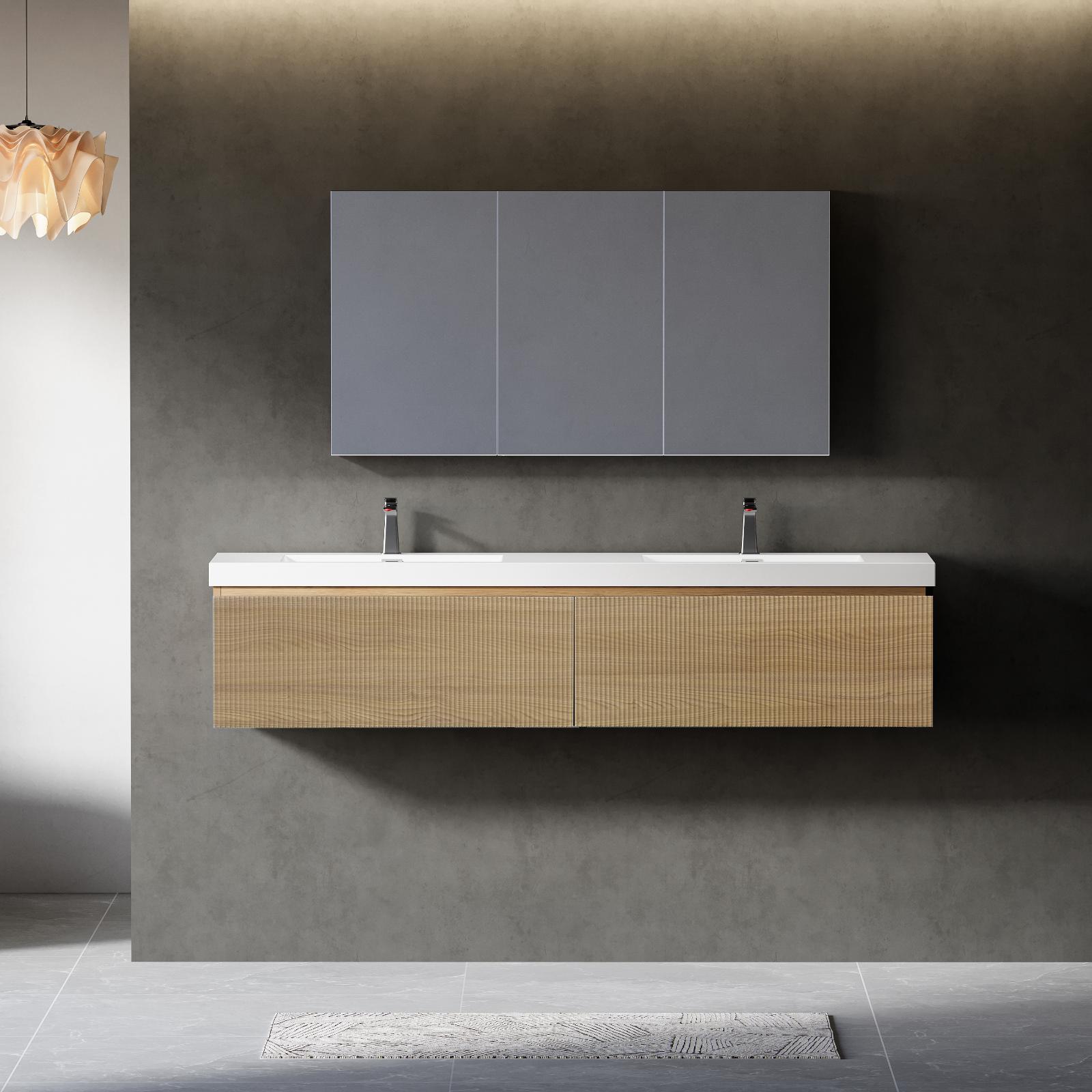BWE F-VN04-F72NOW 72-in Oak Natural Wood + OFF White Double Sink Floating Bathroom Vanity with Gloss white Engineered Stone Top