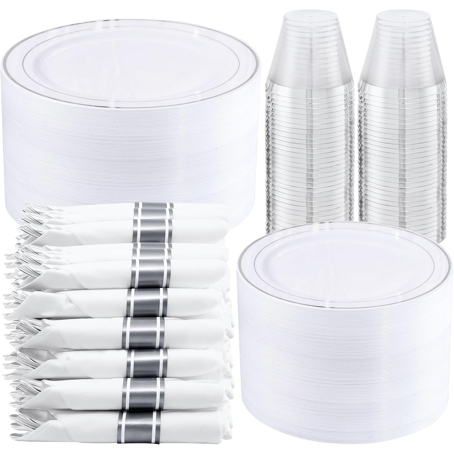 Etokfoks Silver Plastic Dinnerware Set Disposable Plates Cups Cutlery and Napkins for 50 Guests Strong and Sturdy Design #LETKXHDE3