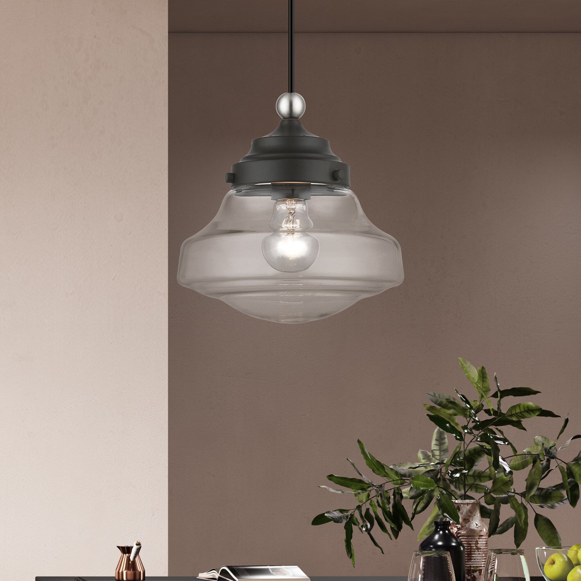 Avondale Mini Pendant with Clear Glass Shade - Black/Brushed Nickel