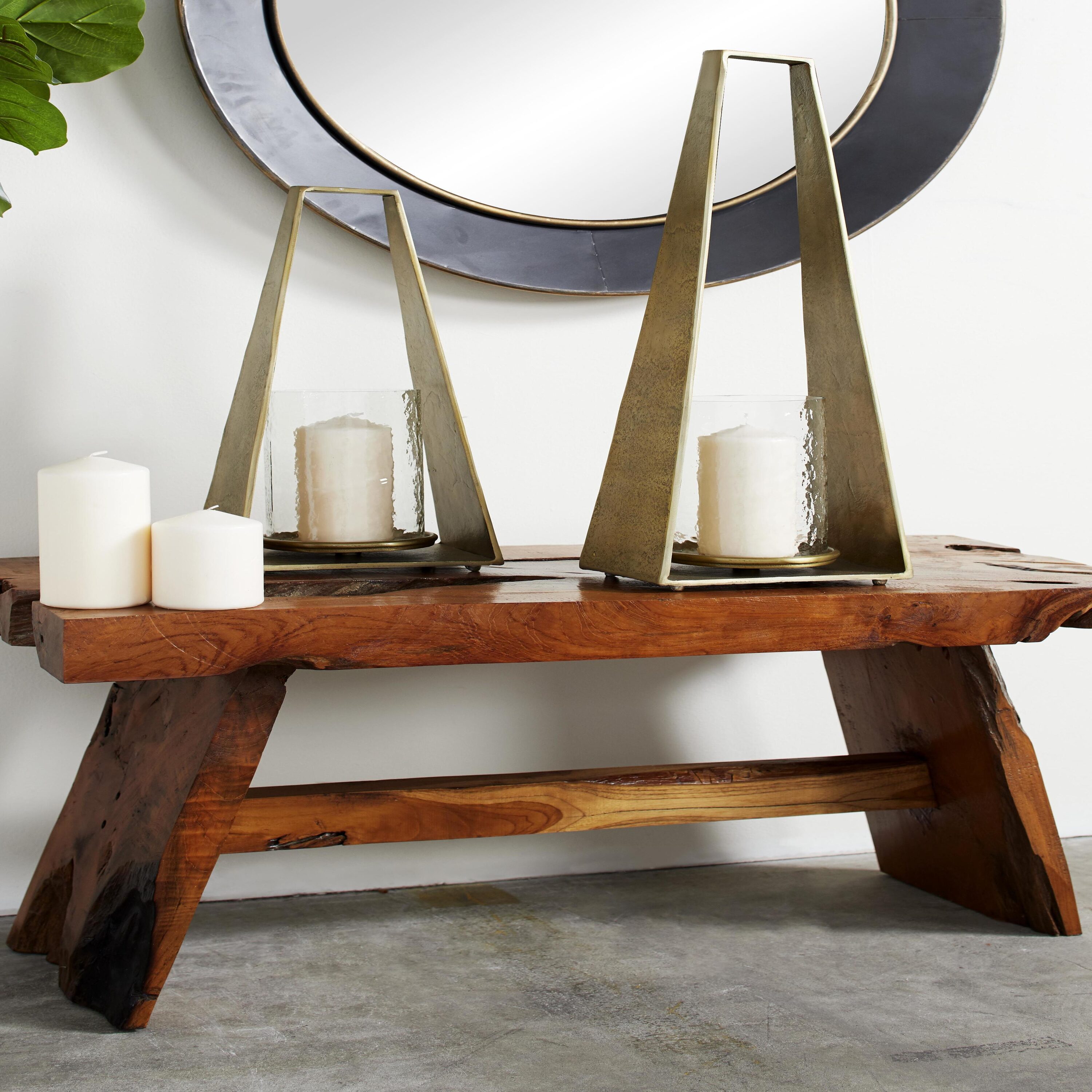 Large Gold Metal and Glass Hurricane Candle Lantern