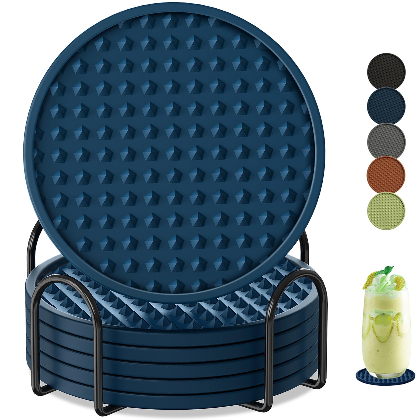 DHMHD  Silicone Drink Coasters 6 Pack with Holder Heat Resistant Non Slip Cup Mats for Tabletop Protection Blue durable home and garden accessory