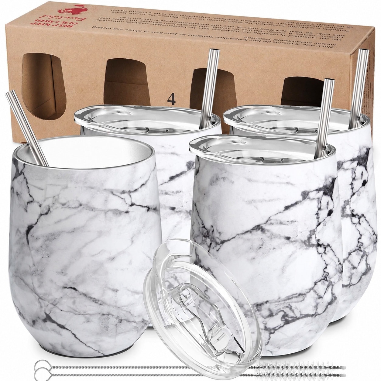 Aoibox  Stemless Stainless Steel Wine Tumblers 4 Pack Vacuum Insulated with Sliding Lids and Straws White Marble