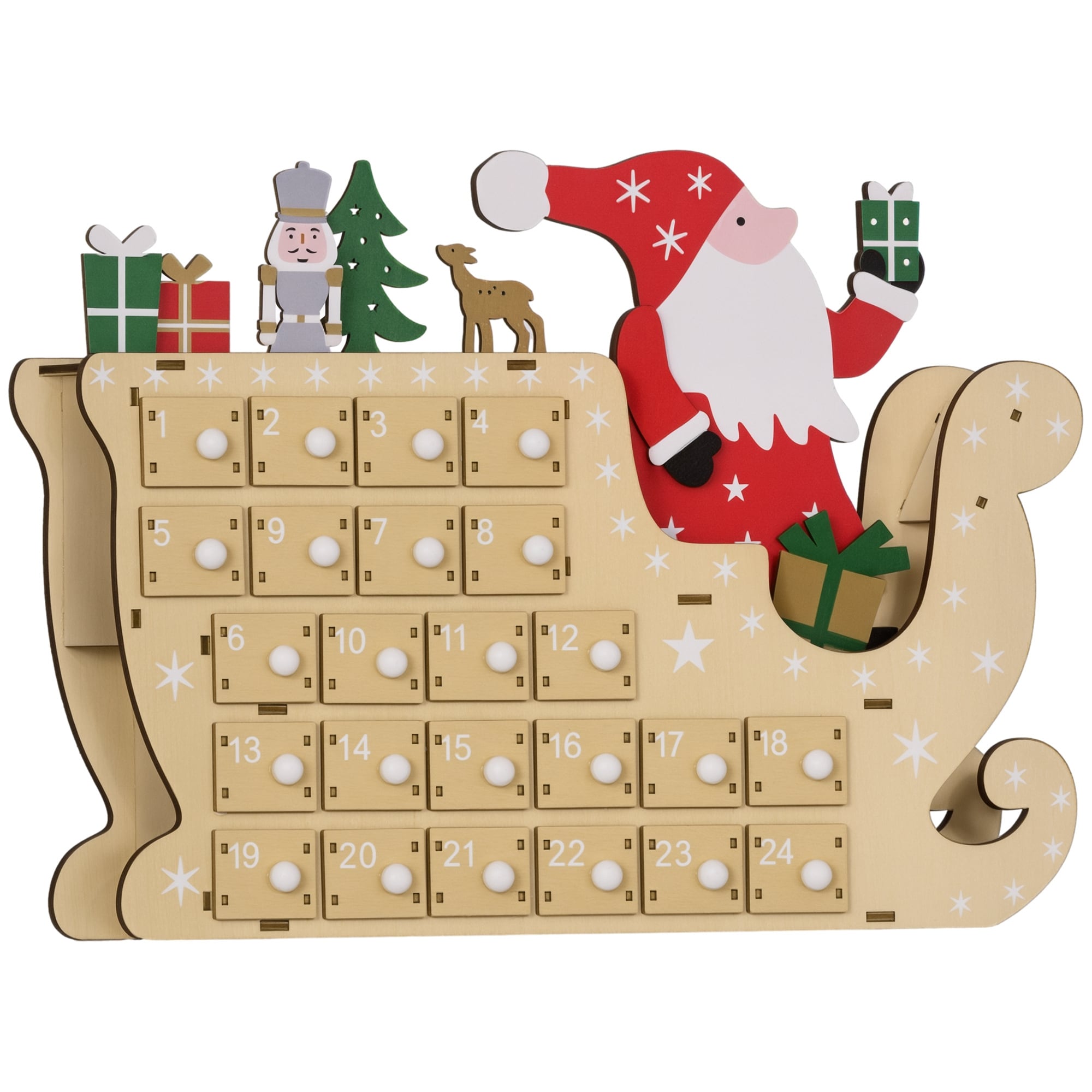 HomCom 830-872V80ND Christmas Advent Calendar with 24 Countdown Drawers Reusable Wooden Holiday Decoration Xmas Gift for Kids Adults Natural Wood