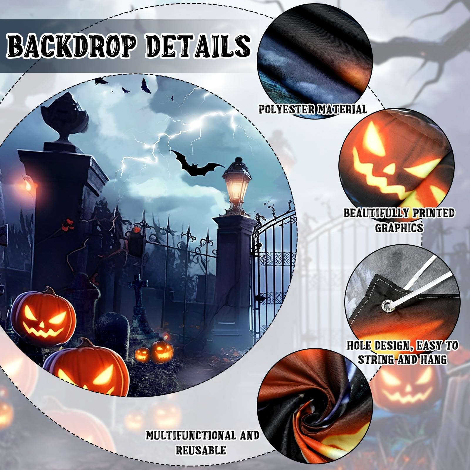 Etokfoks  Halloween garage door banner cover about eight by sixteen ft polyester spooky cemetery scene backdrop with hanging holes and ropes