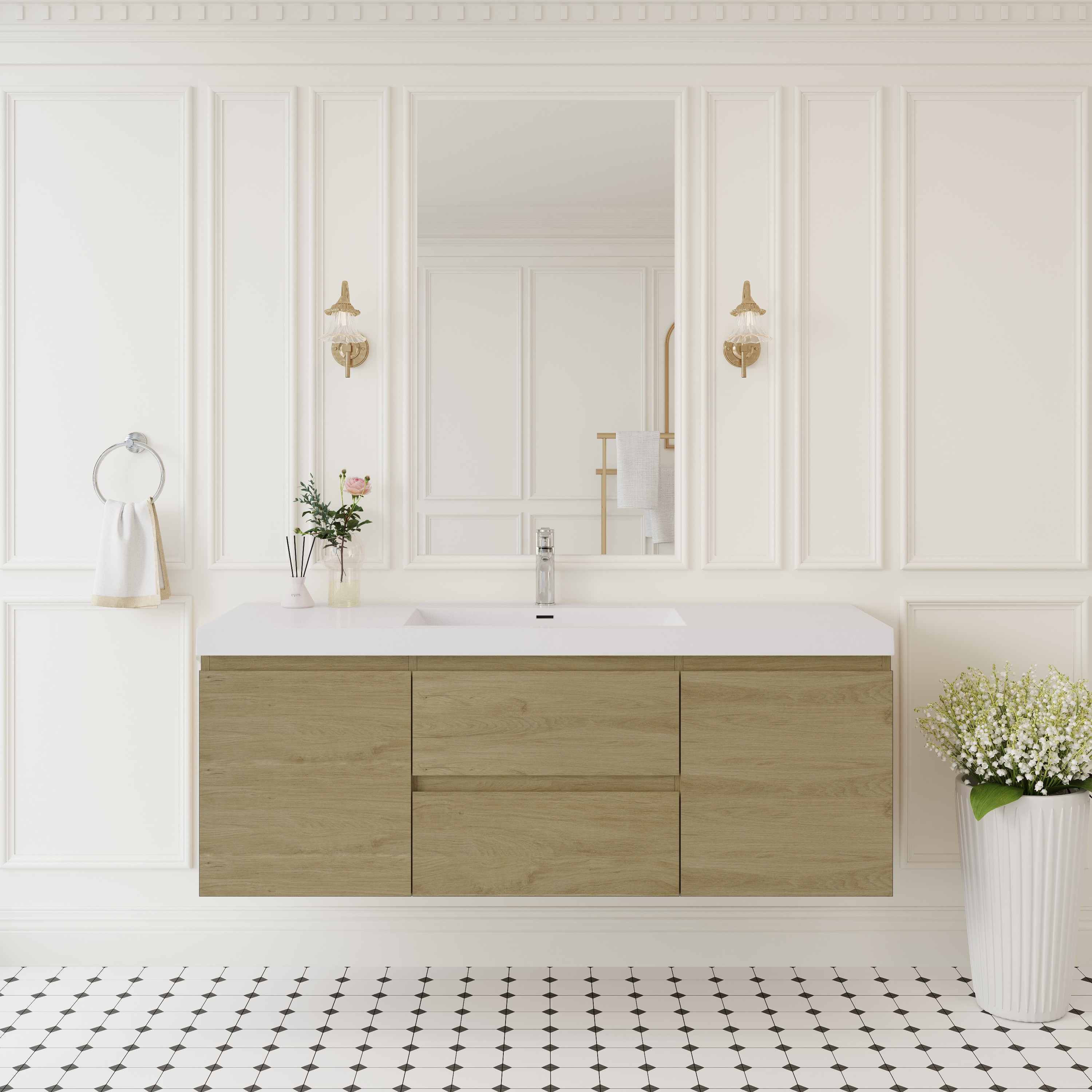 Iseryn YSG27043P15 60-in Oak Undermount Single Sink Floating Bathroom Vanity with White Solid Surface Top