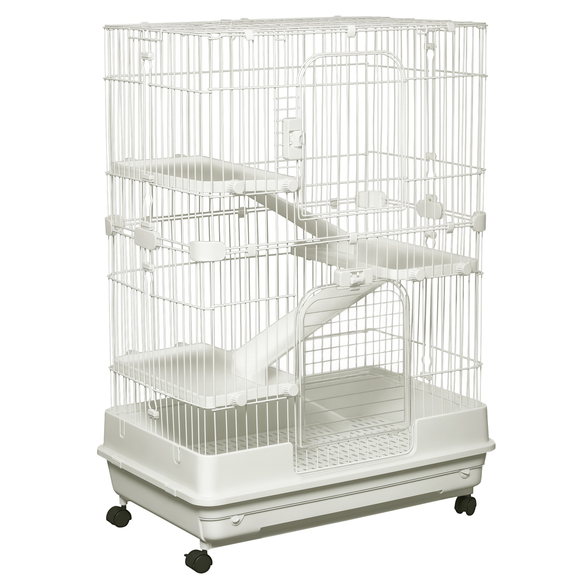 PawHut D51-095WT 4-Level Small Animal Cage Rabbit Hutch with Wheels Removable Tray Platform and Ramp for Bunny Chinchillas Ferret White