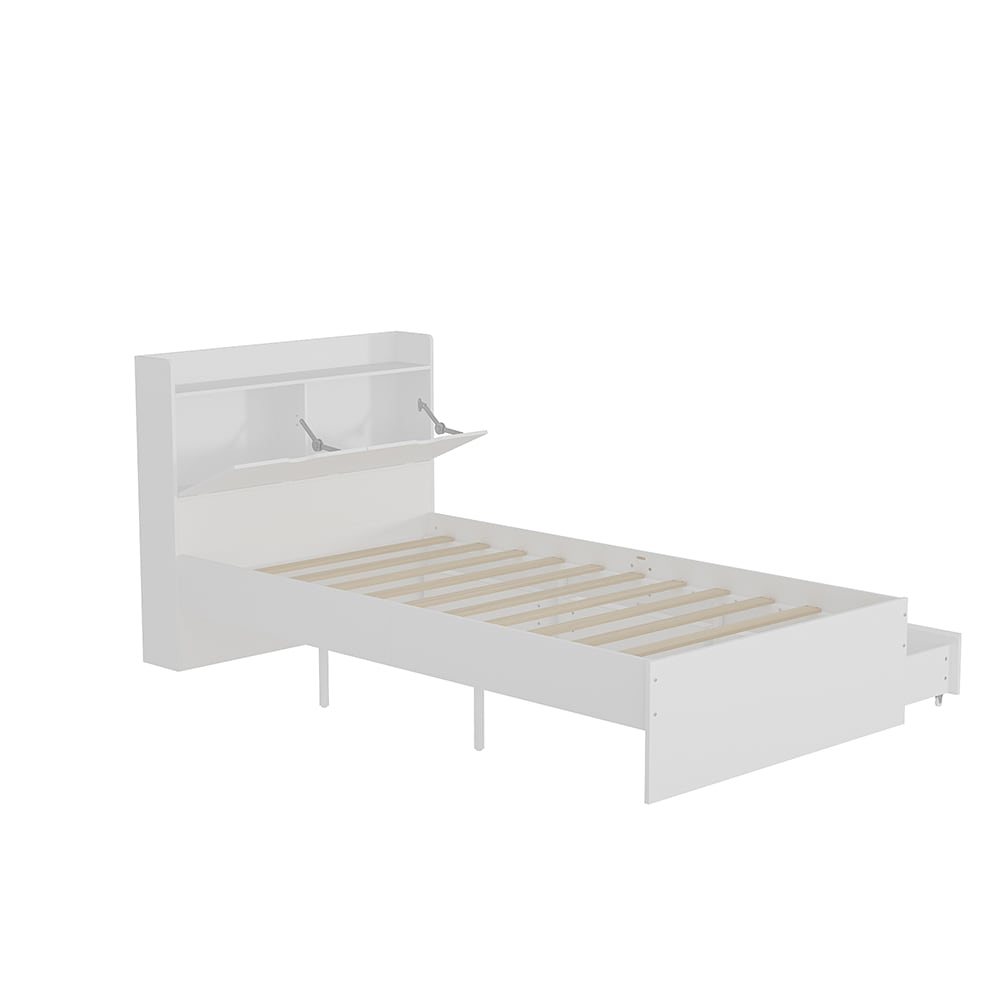 Homsee V-KF260051-01 Storage Function Bed with Headboard Shelves 3 Wheeled Drawers for Bedroom Organization