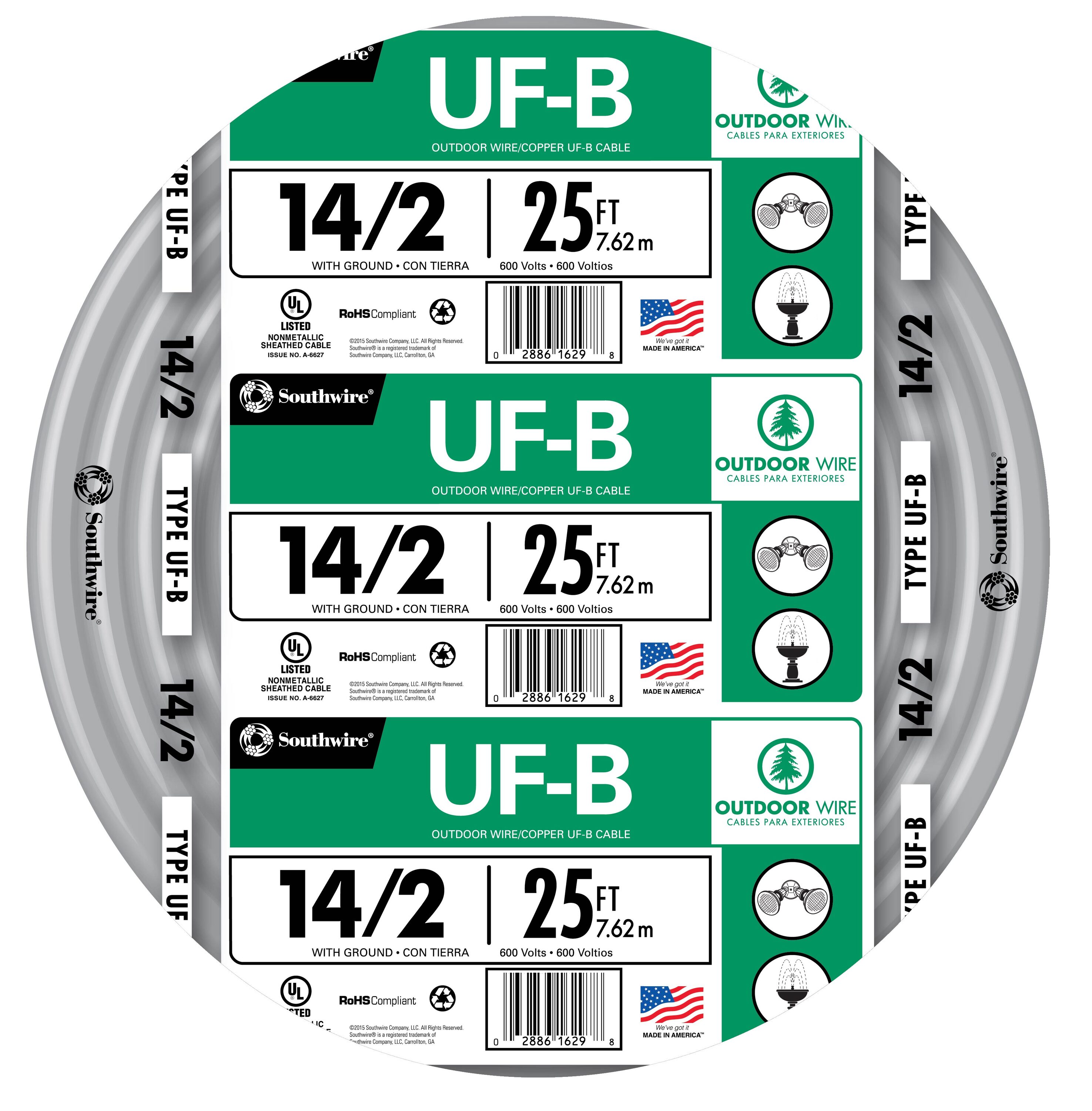 Southwire 25-ft 14 / 2 Solid UF-B Wire W/G ( By-the-roll )