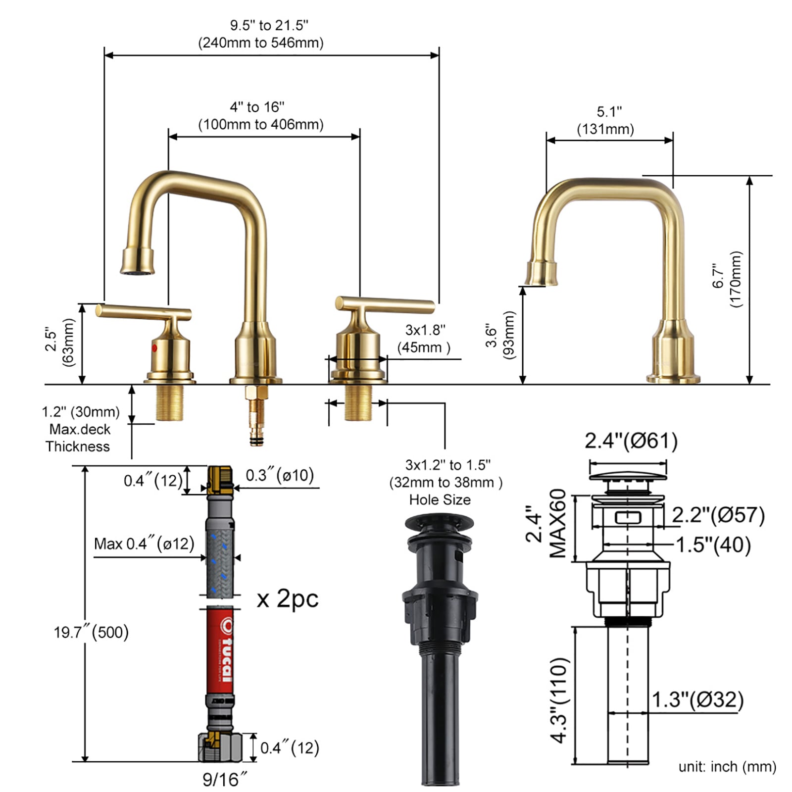 Brushed Gold Widespread 2-Handle Bathroom Faucet with Drain Assembly