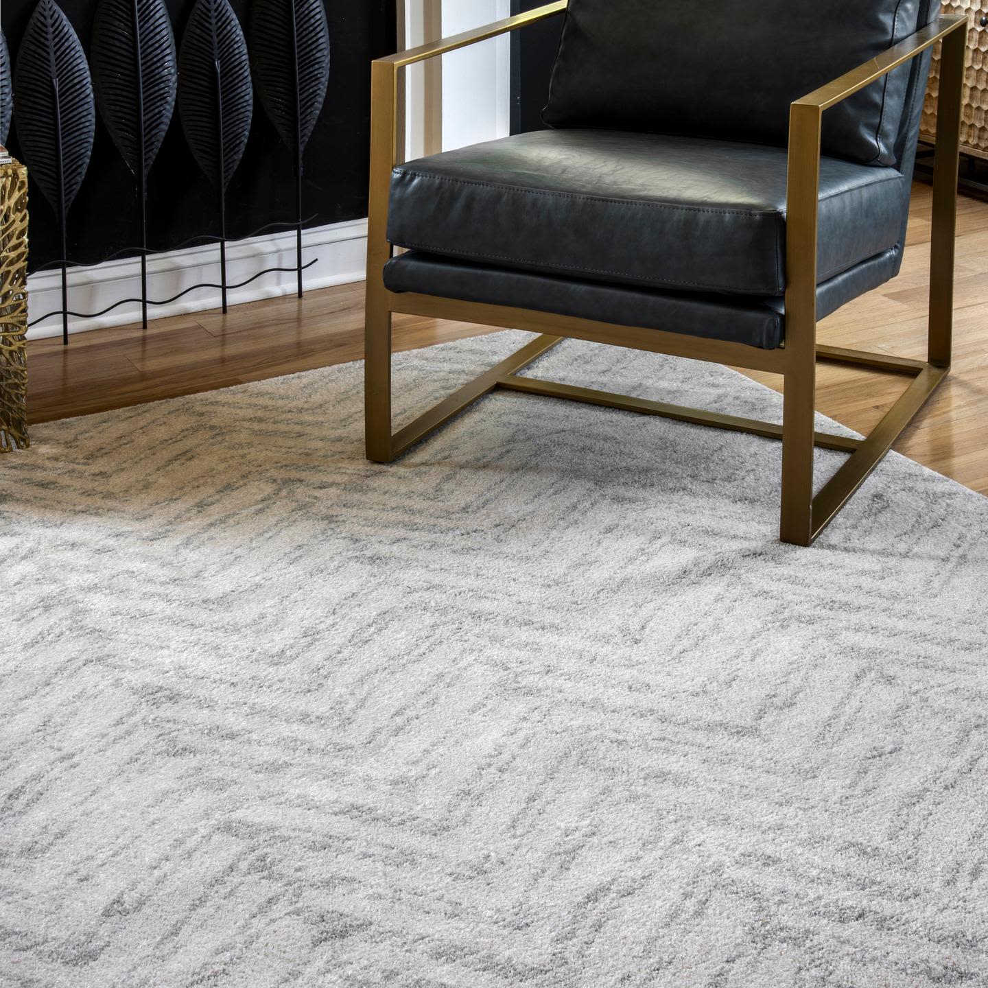 Gray Rectangular Herringbone Synthetic Area Rug 6' 7" x 9'