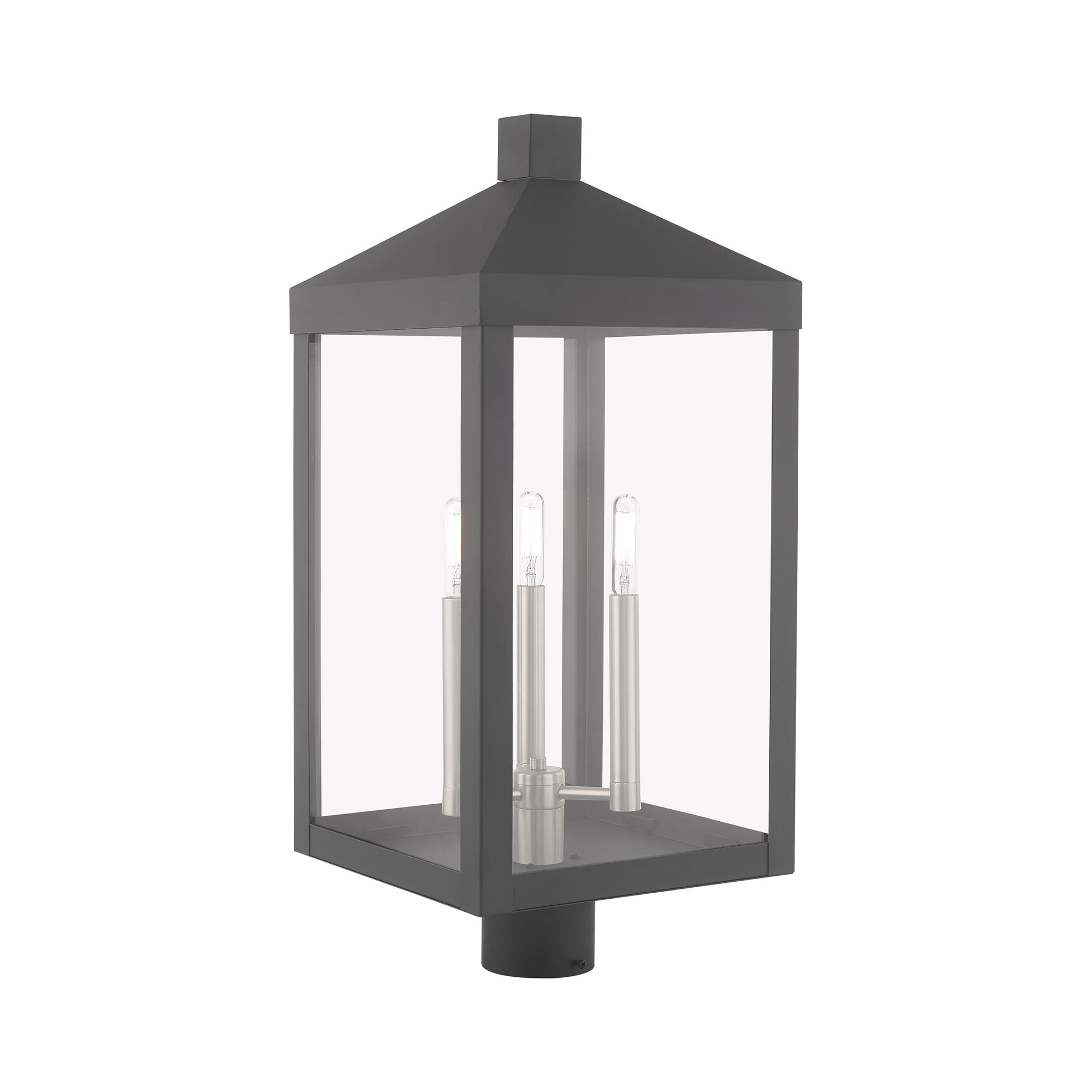 Scandinavian Gray Brass 3-Light Outdoor Post Lantern with Clear Glass