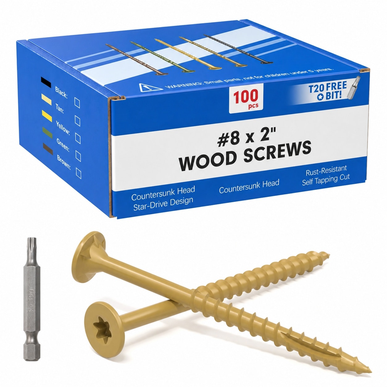 Phewnyzo  Number Eight Two Inch Deck Screws 100 pcs Star Drive Wood Screws Rust Resistant Alloy Steel for Outdoor Timber T20 Star Bit Included