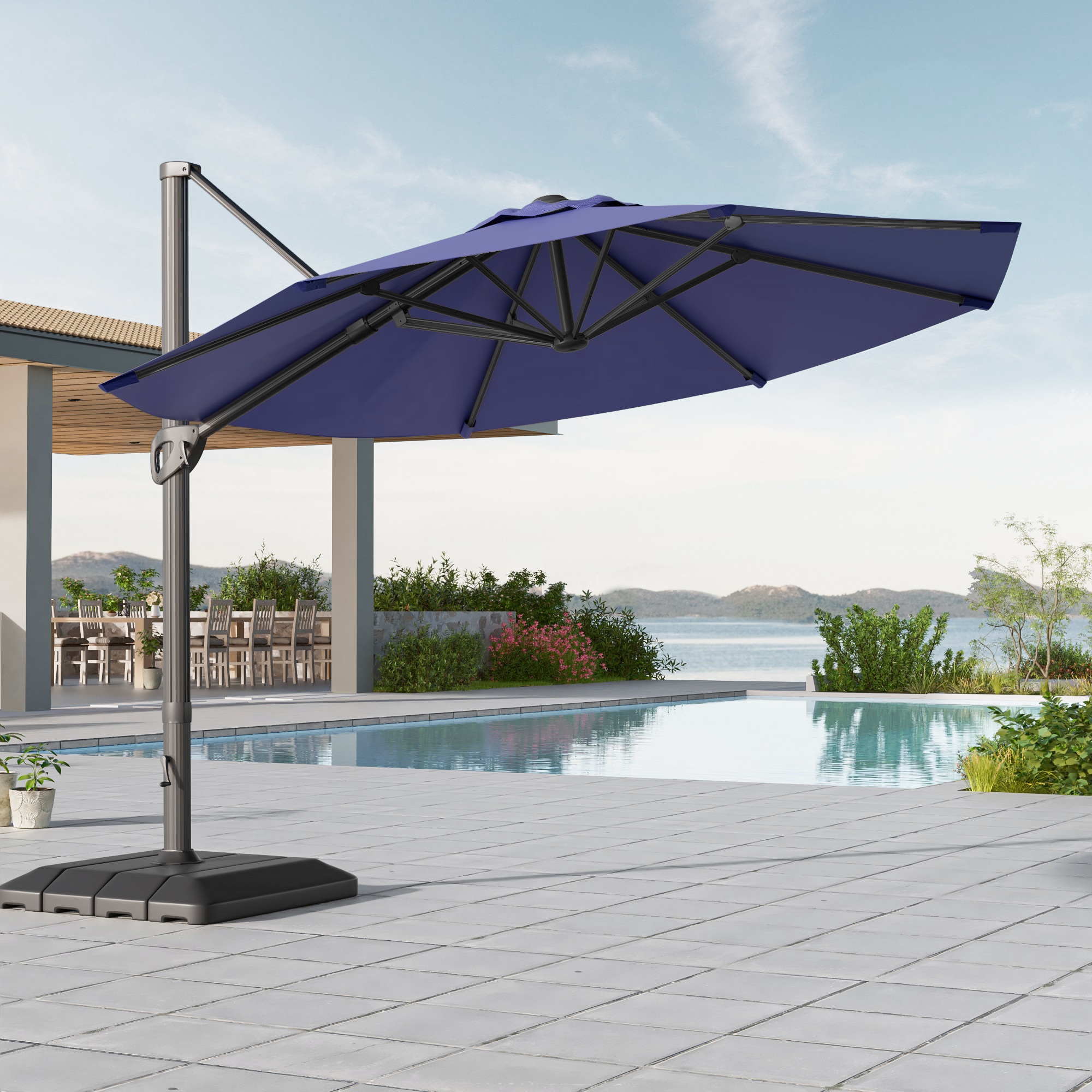 ACEGOSES LW-HCT-TJ13BL 11-ft Aluminum Navy No-tilt Cantilever Patio Umbrella with Base