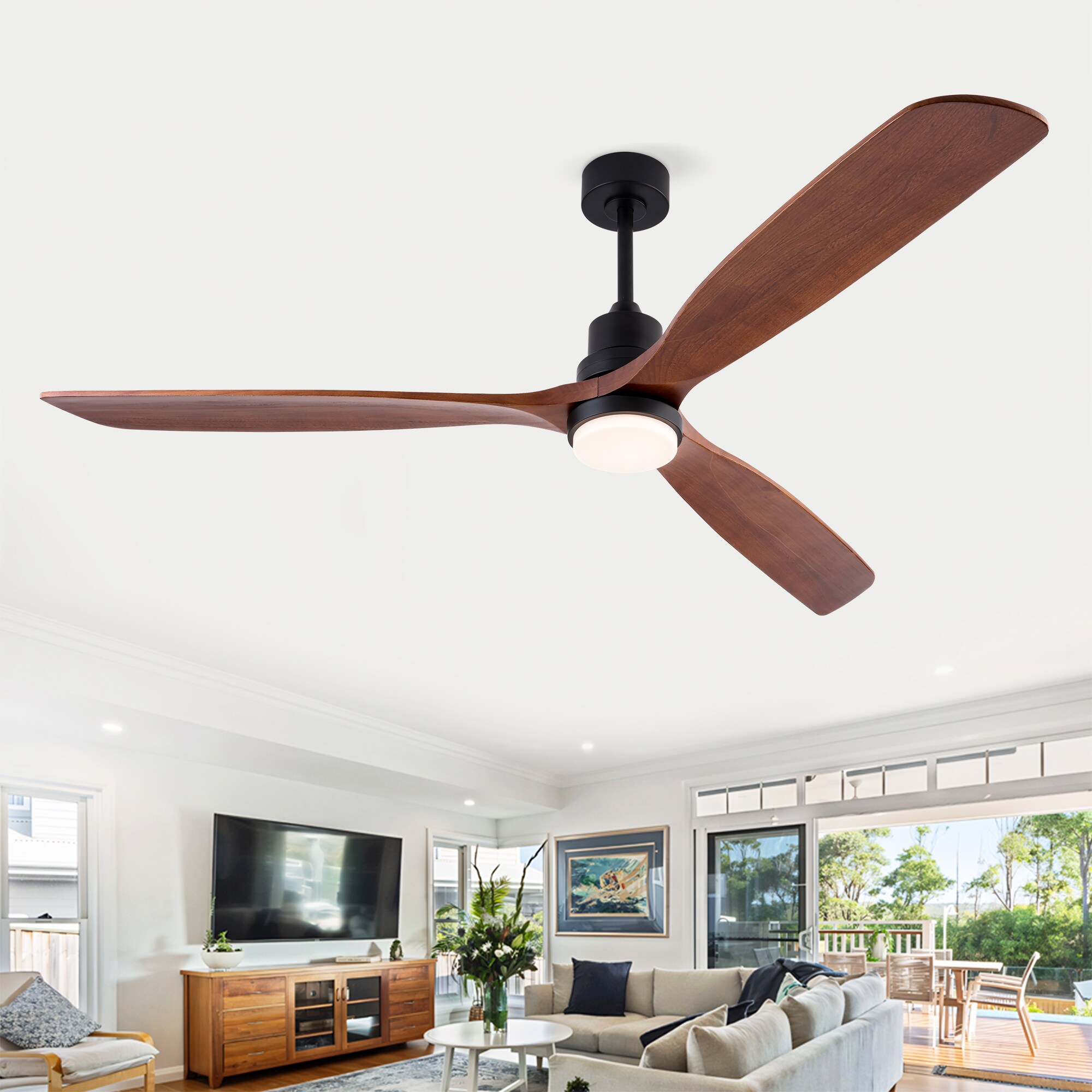 JUSHUA 72 Inch Modern Black Ceiling Fan With Light 3 Solid Wood Blades Remote Control Reversible DC Motor With Dimmable LED