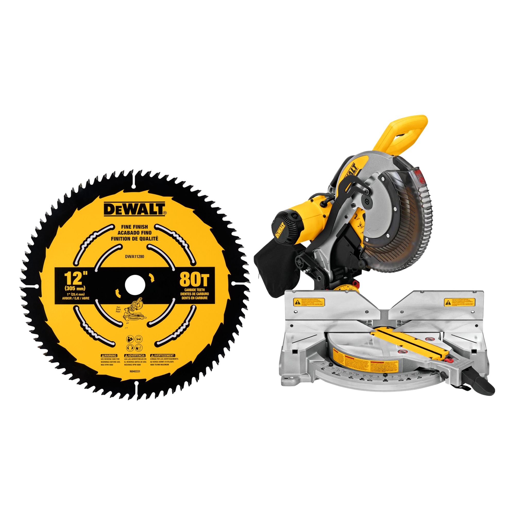 DEWALT 12-in 15 Amps Dual Bevel Compound Corded Miter Saw & Precision Trim 12-in 80-Tooth Carbide Miter Saw Blade