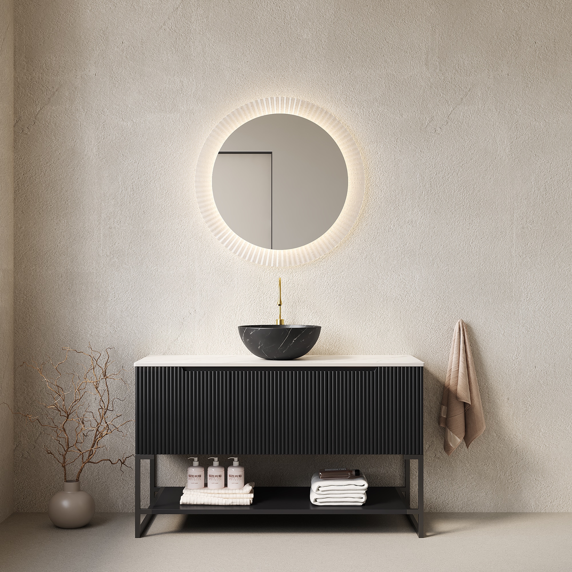 Lirago 1 Pack Black 47.64 in Freestanding Mixed Wood Bathroom Vanity Carrara Sintered Stone Top Black Ceramic Vessel Sink Soft Close Doors Open Shelf KD Design 3 Shipping Boxes
