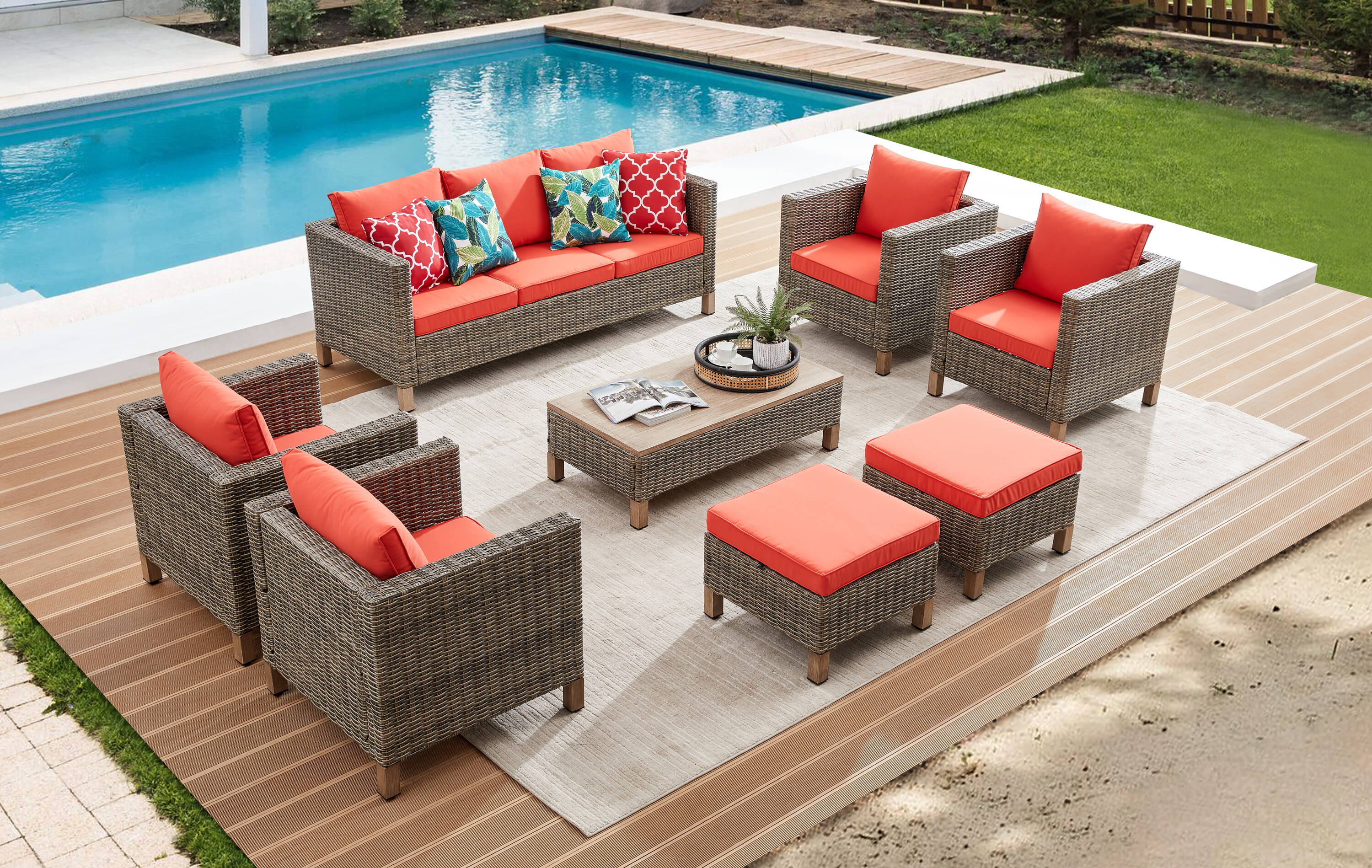 EDYO LIVING SMX07-OR 8 -Piece Wicker Patio Sofa Conversation Set with Orange Cushions