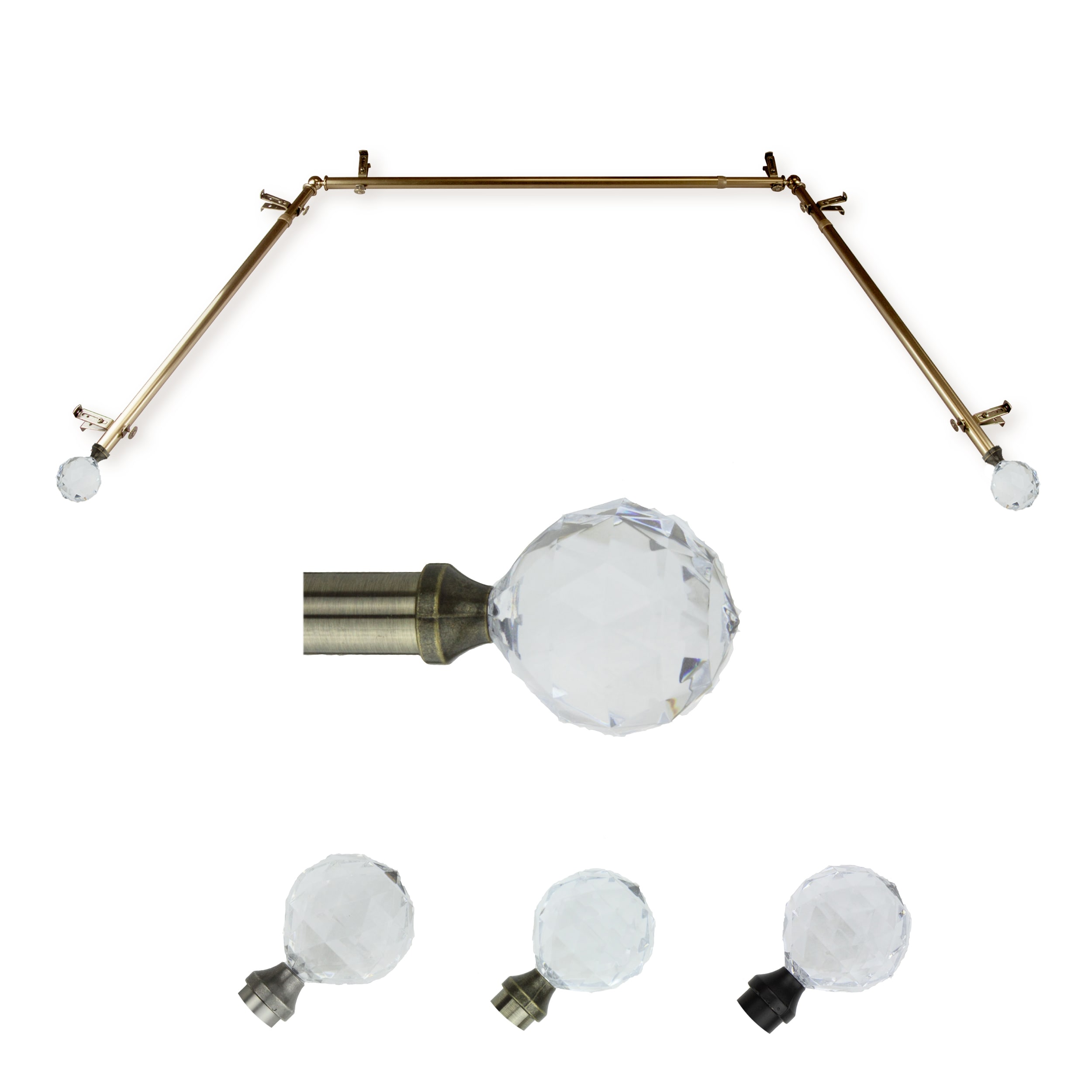 Hart & Harlow LO-ABAY-57-4 72-in to 144-in Antique Brass Steel Bay window curtain rod with Finials