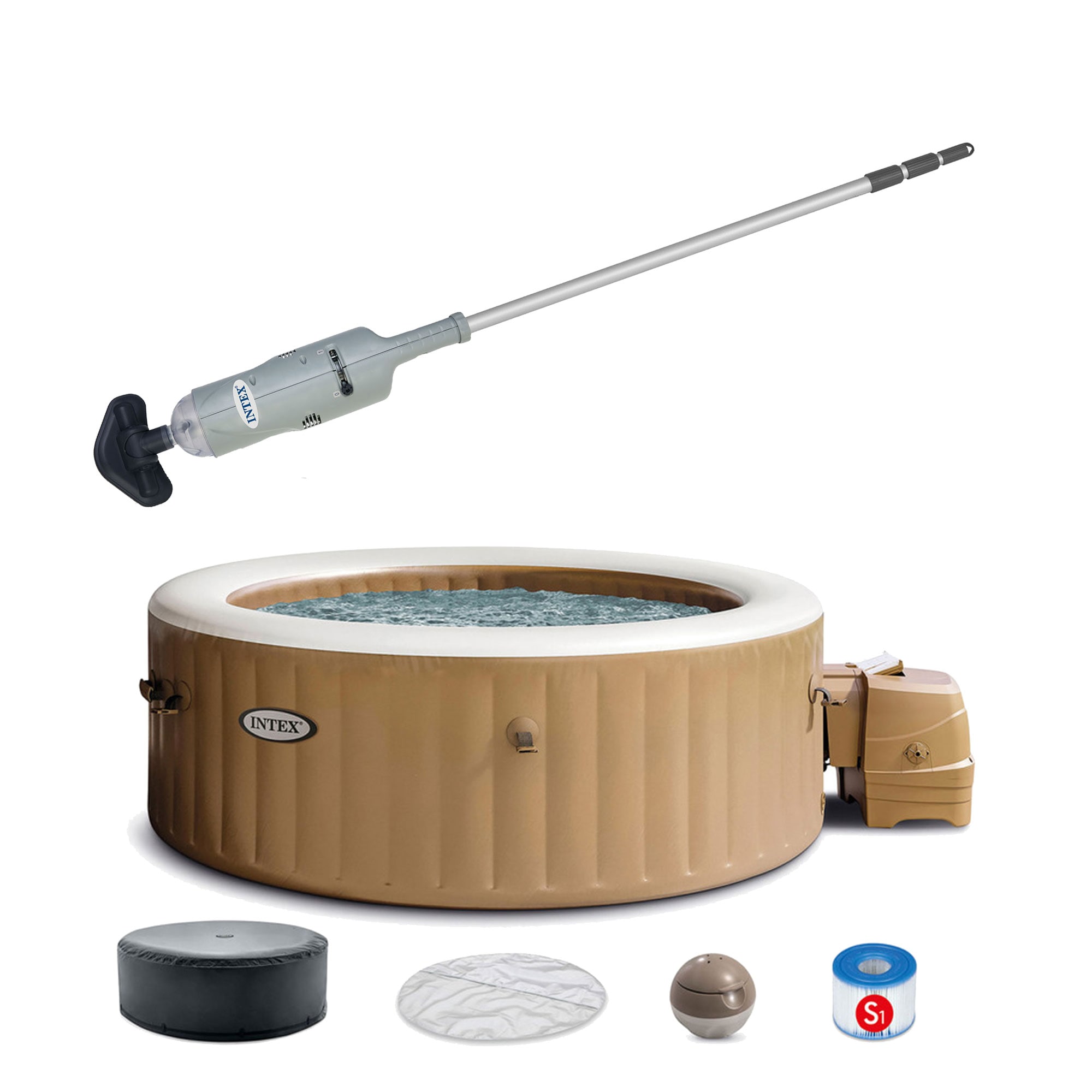 Intex  Handheld Pool Vacuum with PureSpa 4 Person Inflatable Hot Tub Sahara Tan