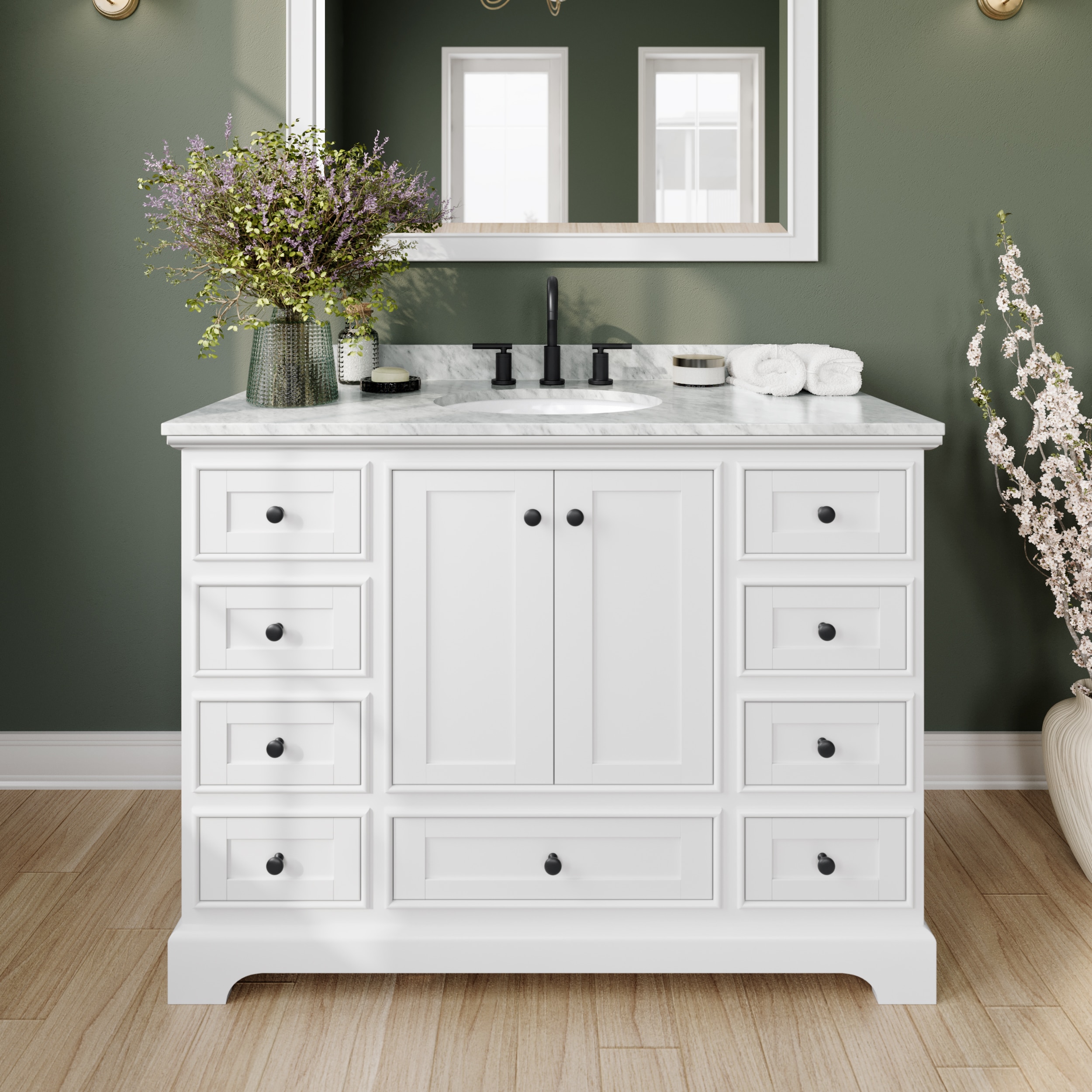 Wyndham Collection Deborah 48-in White with Matte Black Trim Undermount Single Sink Bathroom Vanity with White Carrara Marble Natural Marble Top (Mirror Included)