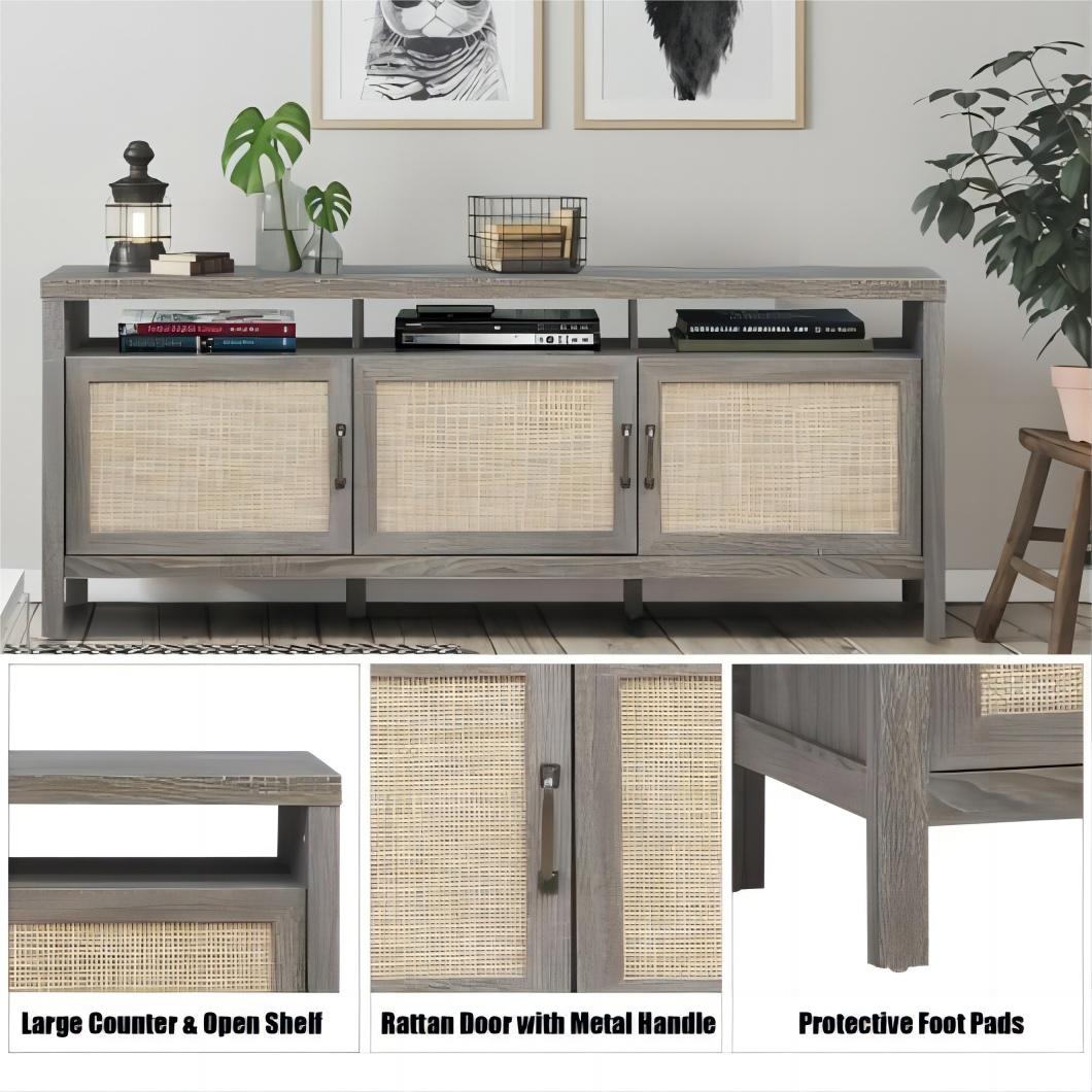 Gray Solid Wood TV Stand with Rattan Cabinet Doors