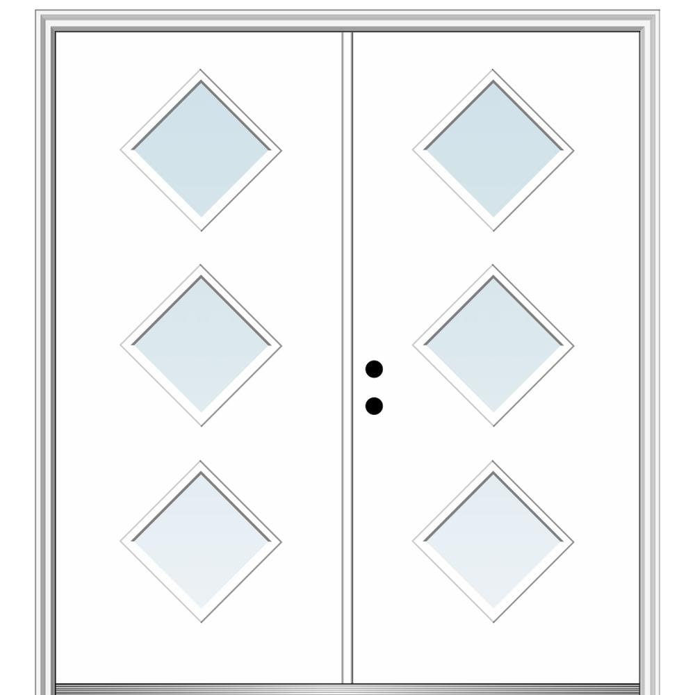 MMI DOOR ZZ348985R Spotlights 72-in x 80-in x 6-9/16-in Fiberglass Pulse lite Right-hand inswing Brilliant White Painted Prehung Double Front Door with Brickmould Insulating core