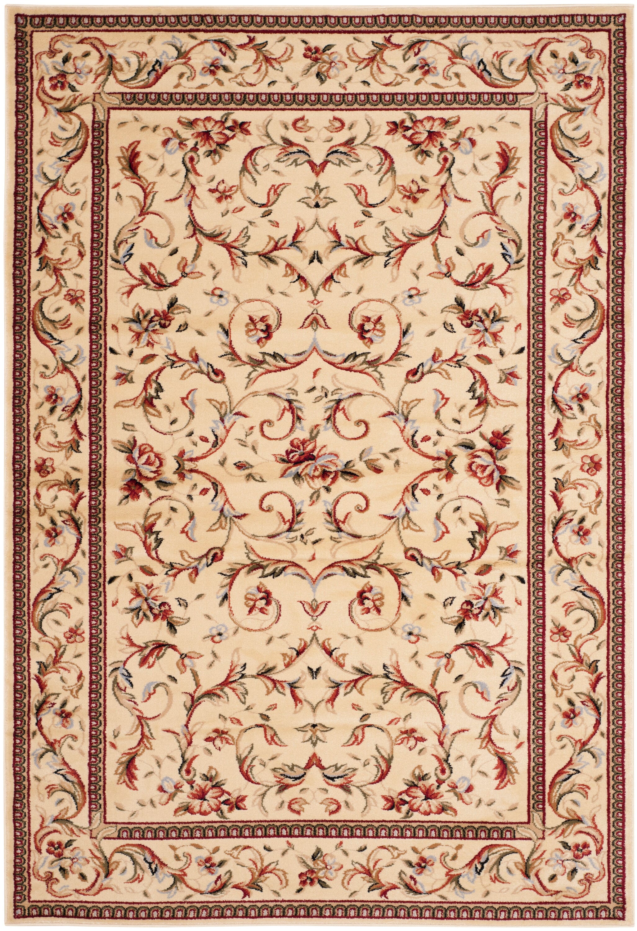Ivory Floral Bordered Synthetic Area Rug 5'3" x 7'6"