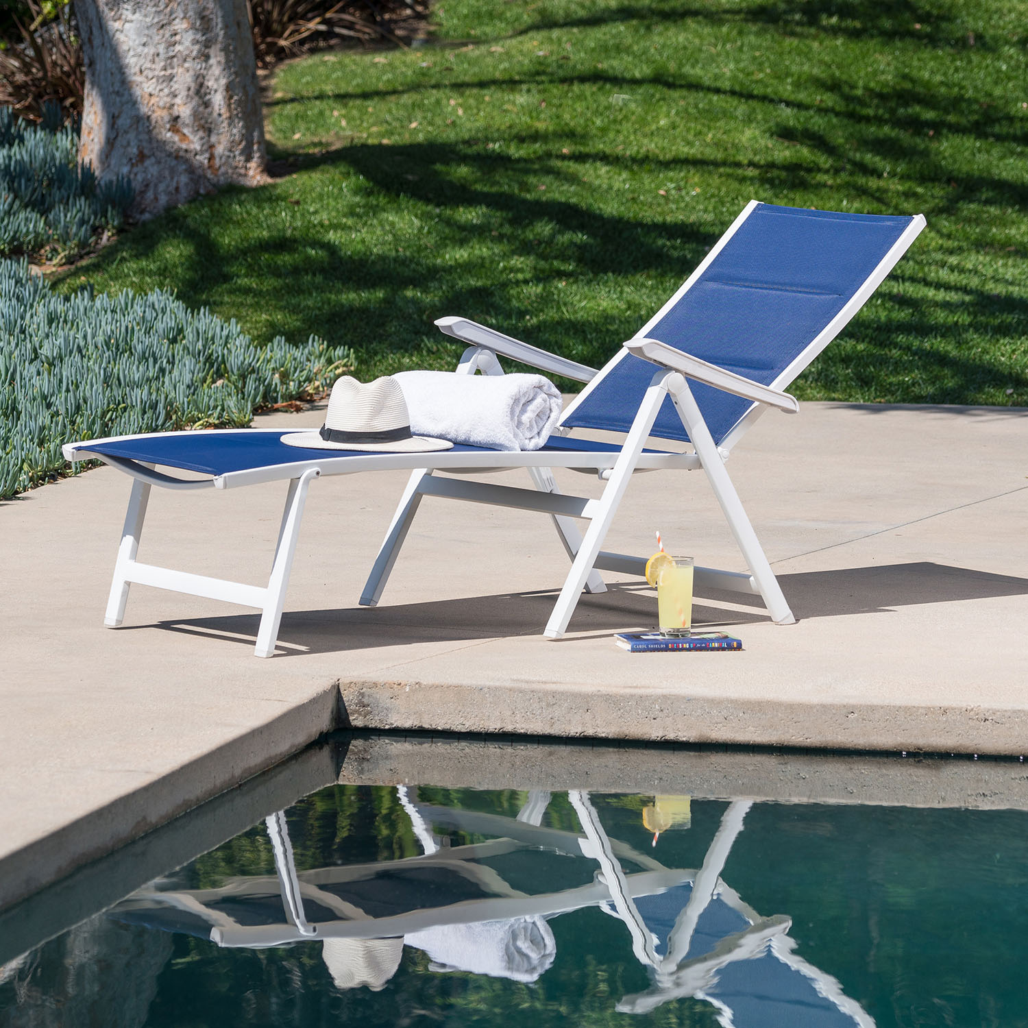 Regis White and Blue Aluminum Padded Sling Chaise Lounge
