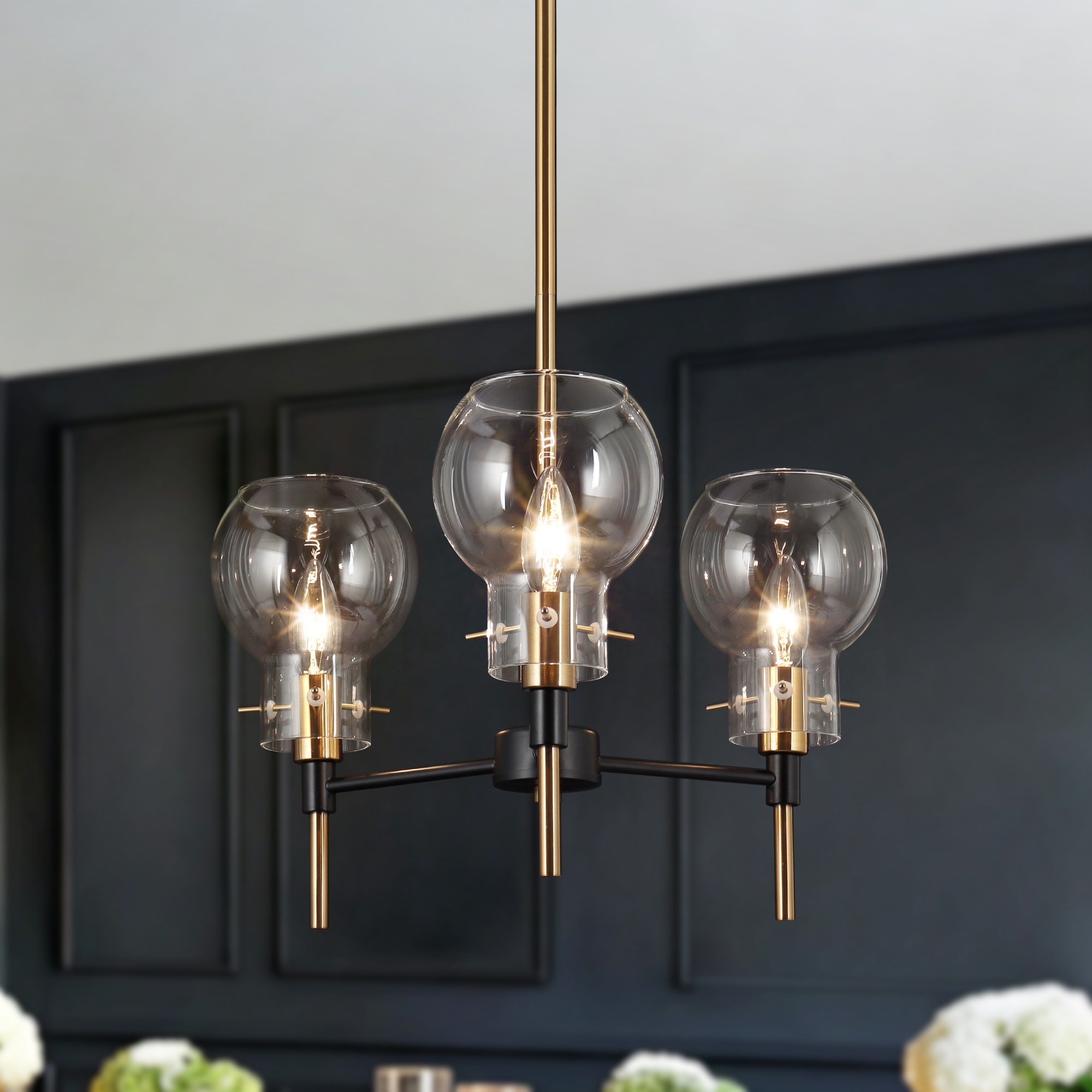 ZEVNI Transitional 3 -Light Matte Black Clear glass Metal Chandelier