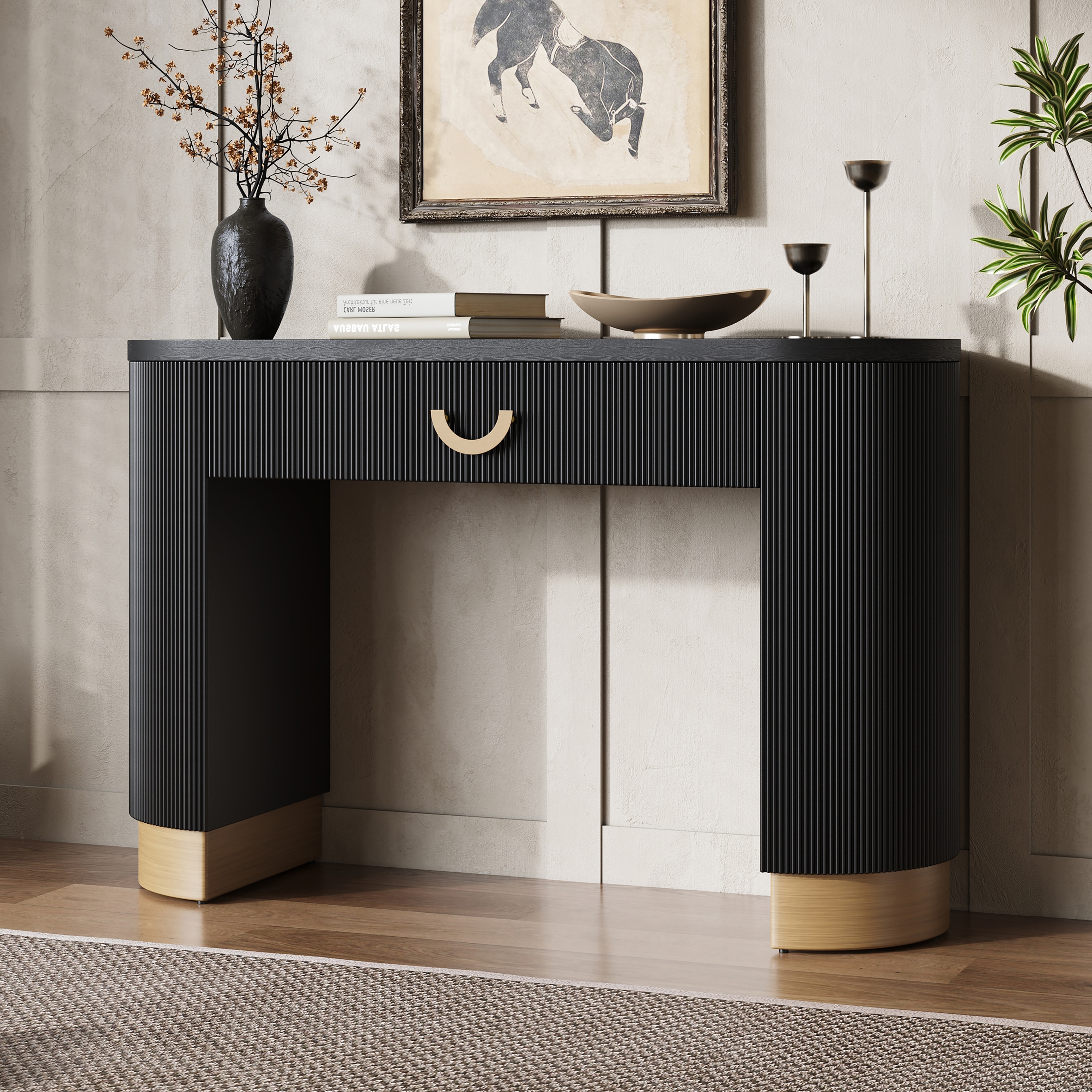 ModernLuxe N760P281361B Mirod Modern Console Table with Vertical Ribbed Design Compact Storage with Functional Drawer