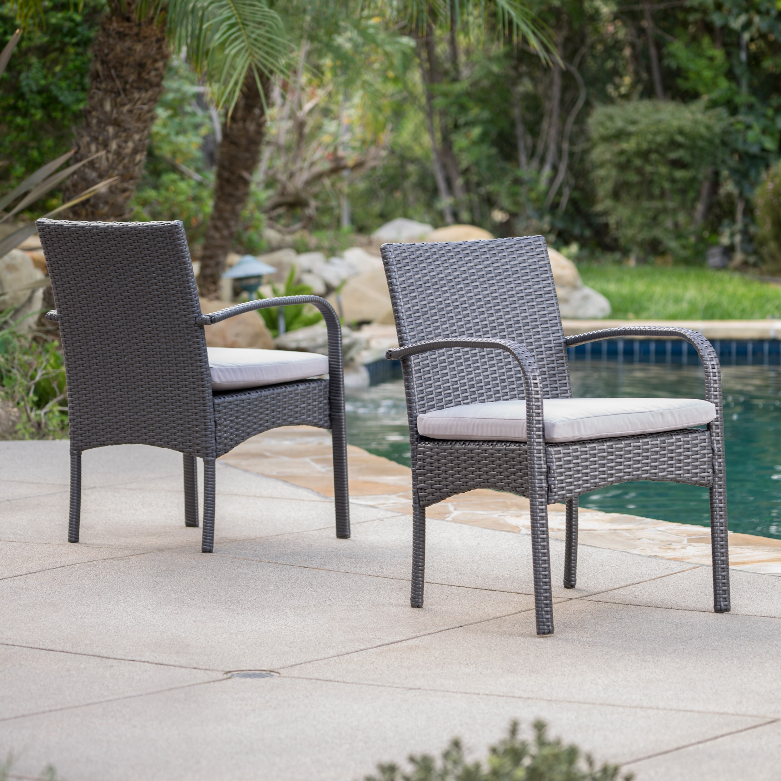 Gray Wicker Outdoor Dining Chair Set with Cushions