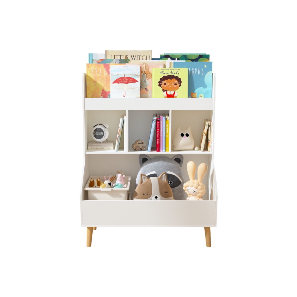 REIBII Kids Bookcase Toy Storage Children Toy Storage Cabinet Organizer 3 Tier 4 Compartments Wood White #FXLS0602-512A137