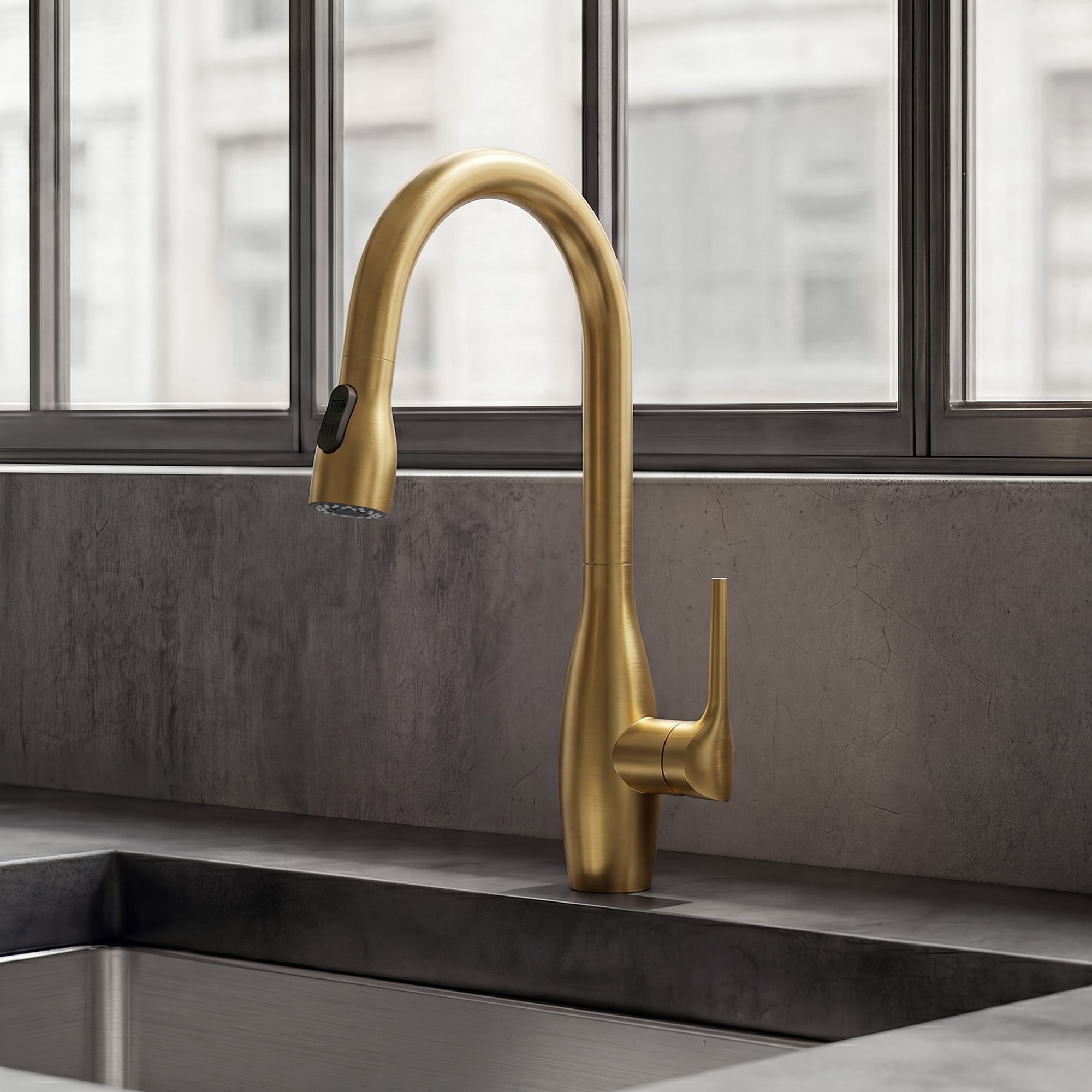 GRANDJOY - Brushed Gold Single Handle Deck-mount Pull-down Kitchen Faucet with 2-Function Sprayer...