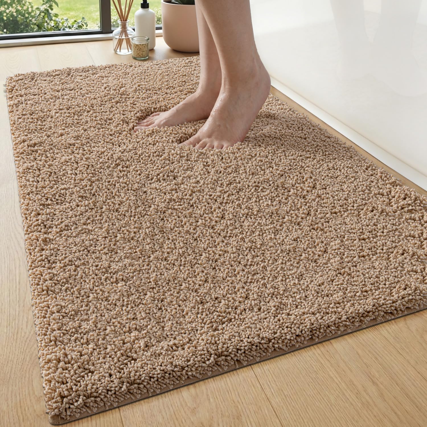 PUPWE Beige Non Slip Washable Ultra Soft Water Absorbent Microfiber Bath Mat Thick Plush Quick Dry Bathroom Rug