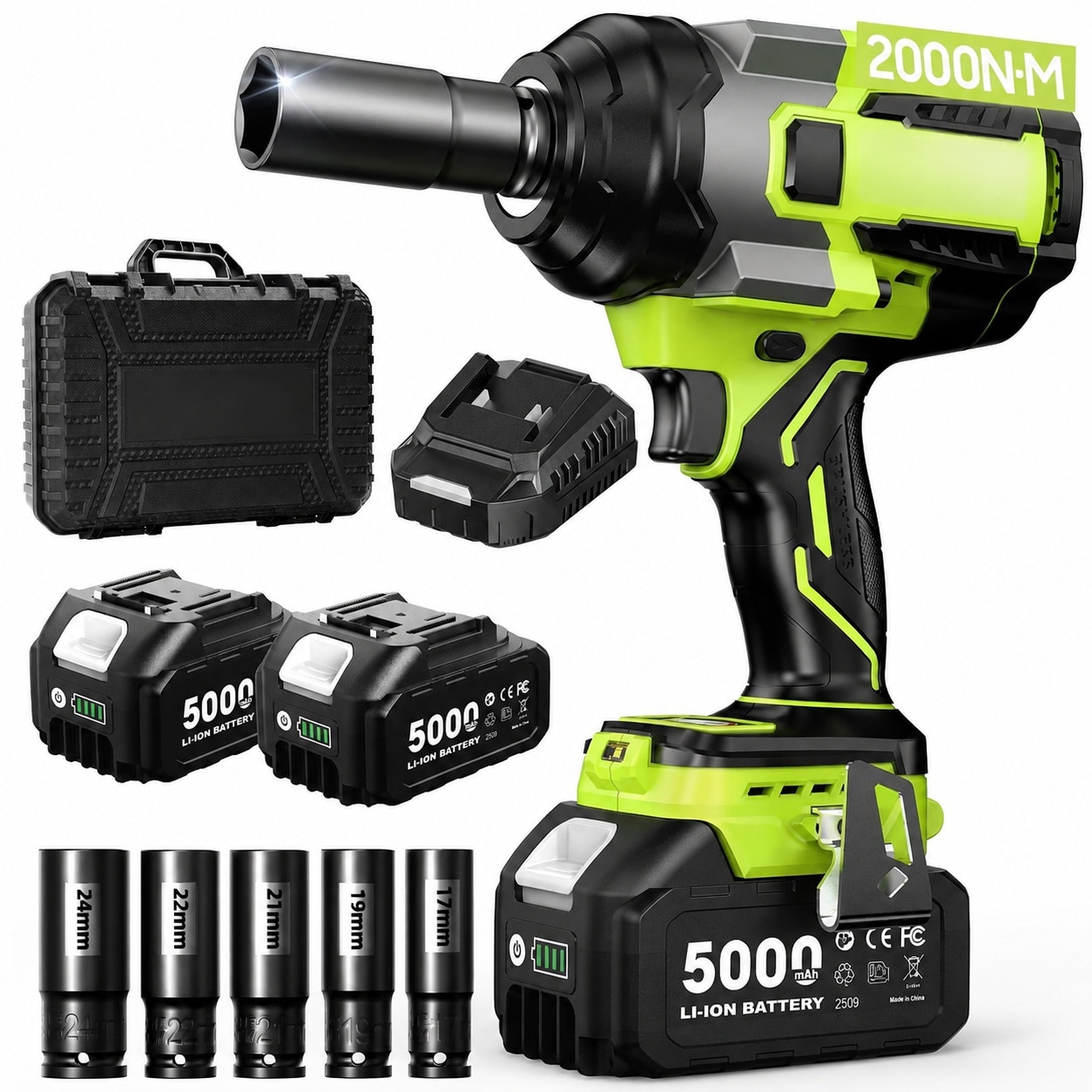 AOIZGMY Cordless Impact Wrench 2000Nm High Torque Brushless 18V Power Impact Driver with Two power cells and Five Sockets for Car Truck RV Mower #LAZ0805Z107