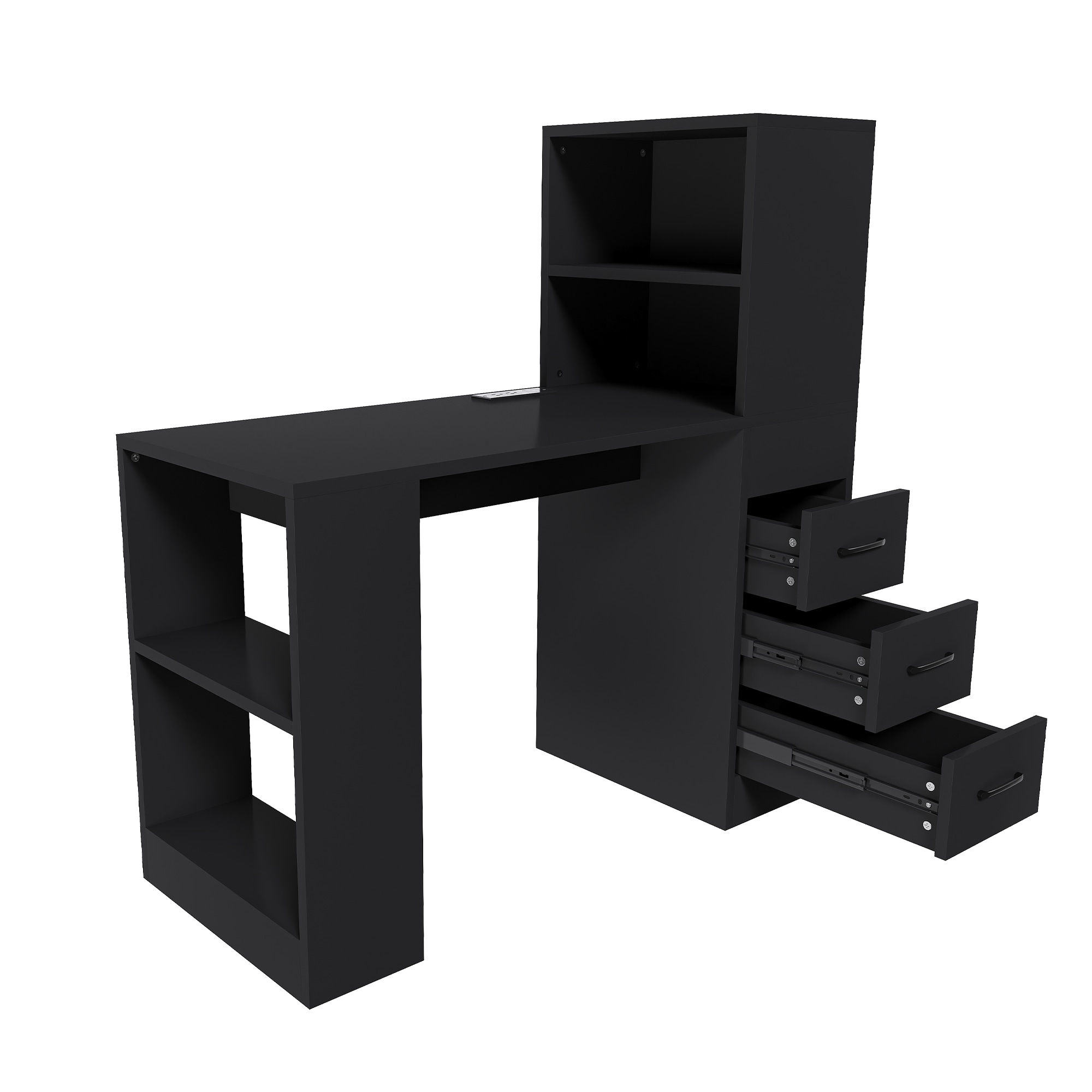 YOSIMFUR - Black Wooden Computer Desk with 4-in-1 Power Socket 3 Slide Drawers and 4-Tier Storage...