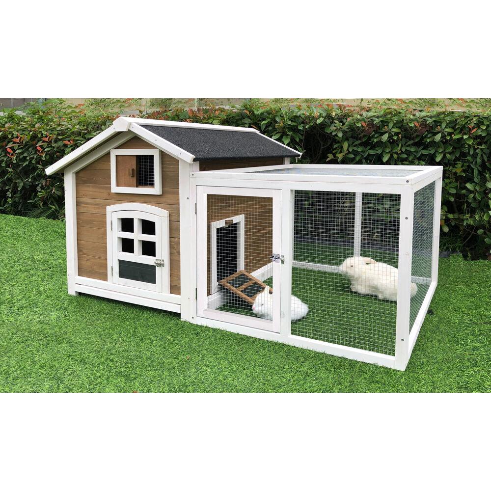 Brown and White Wooden Chicken Coop with Wire Mesh Run
