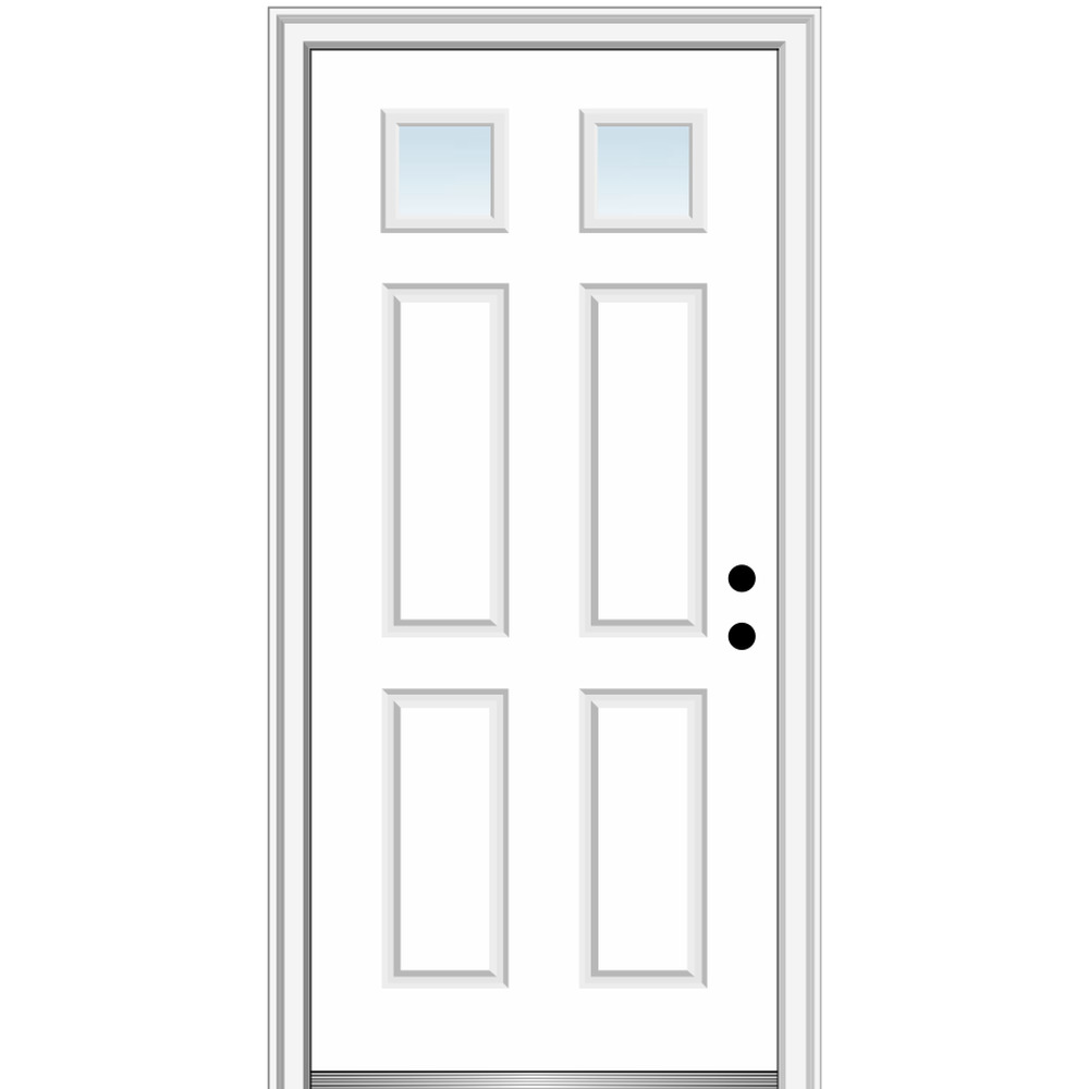 MMI DOOR ZZ365365L 30-in x 80-in x 6-9/16-in Fiberglass 1/4 lite Left-hand inswing Primed Prehung Front Door with Brickmould Insulating core