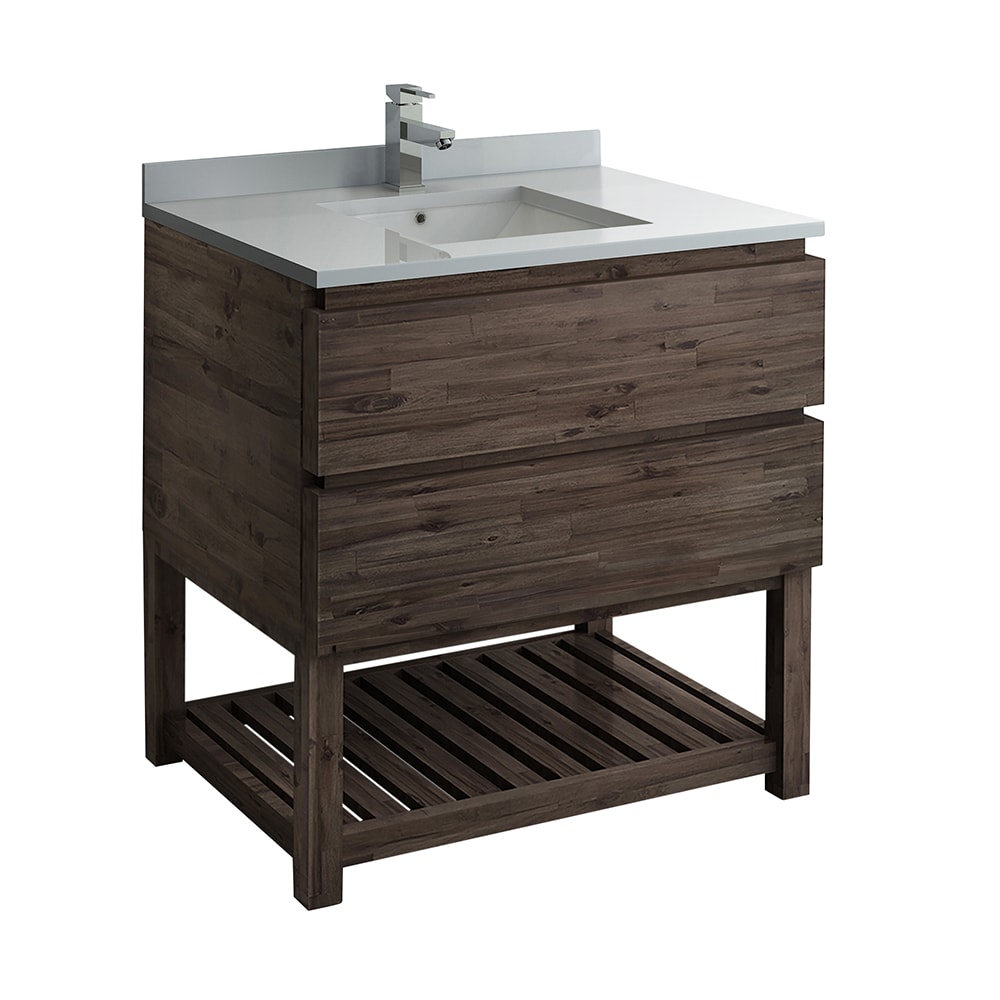 Elegant Acacia Wood 36" Vanity with Quartz Top and Open Shelf
