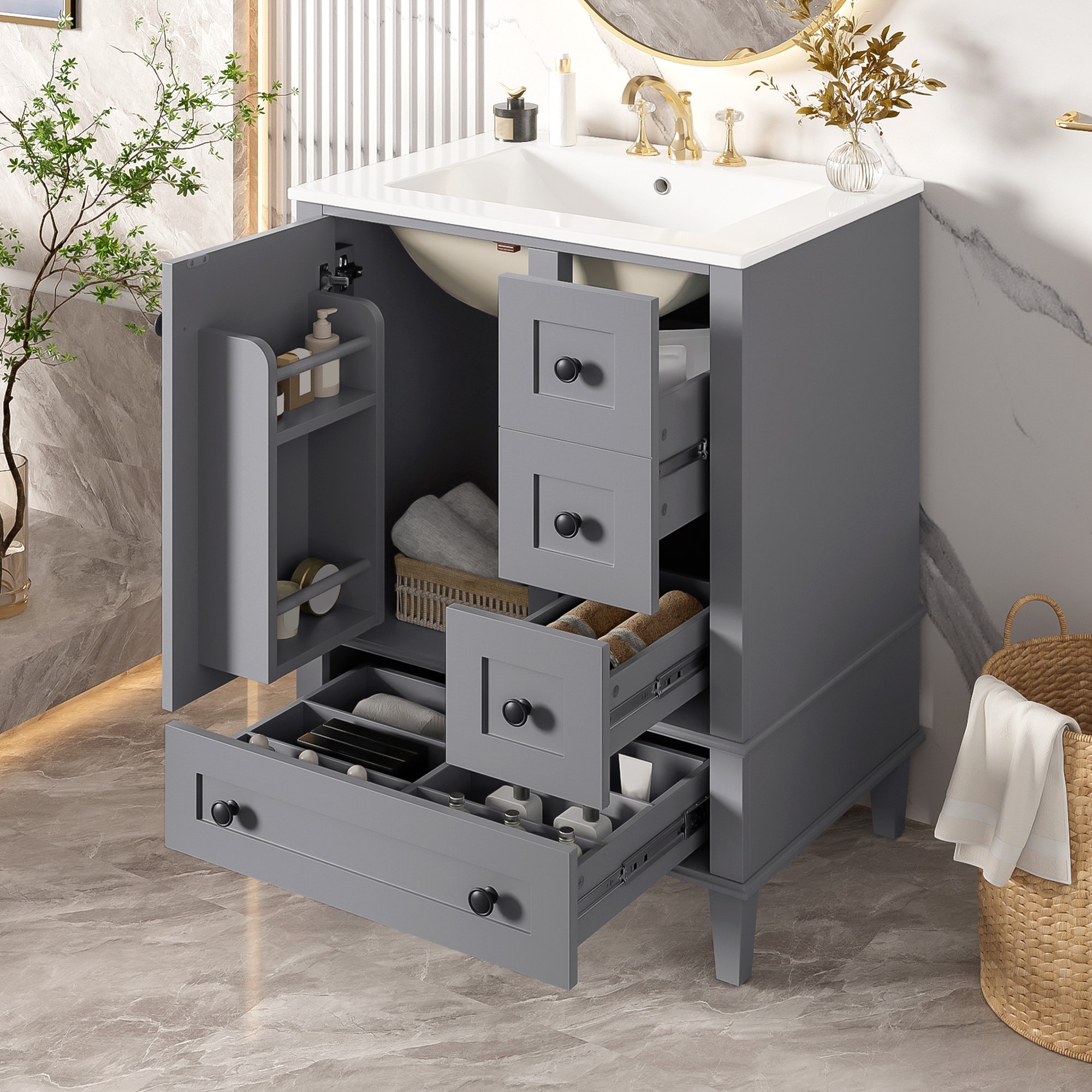 Huluwat - 24-in Gray Bathroom Vanity with Integrated Ceramic Basin Double-Layer Door Shelf Soft C...