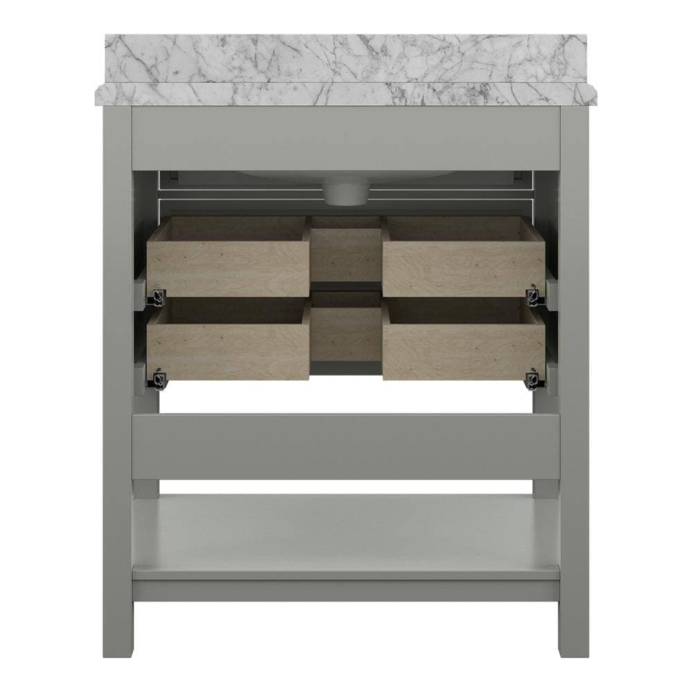 Open drawers of vanity showing organization