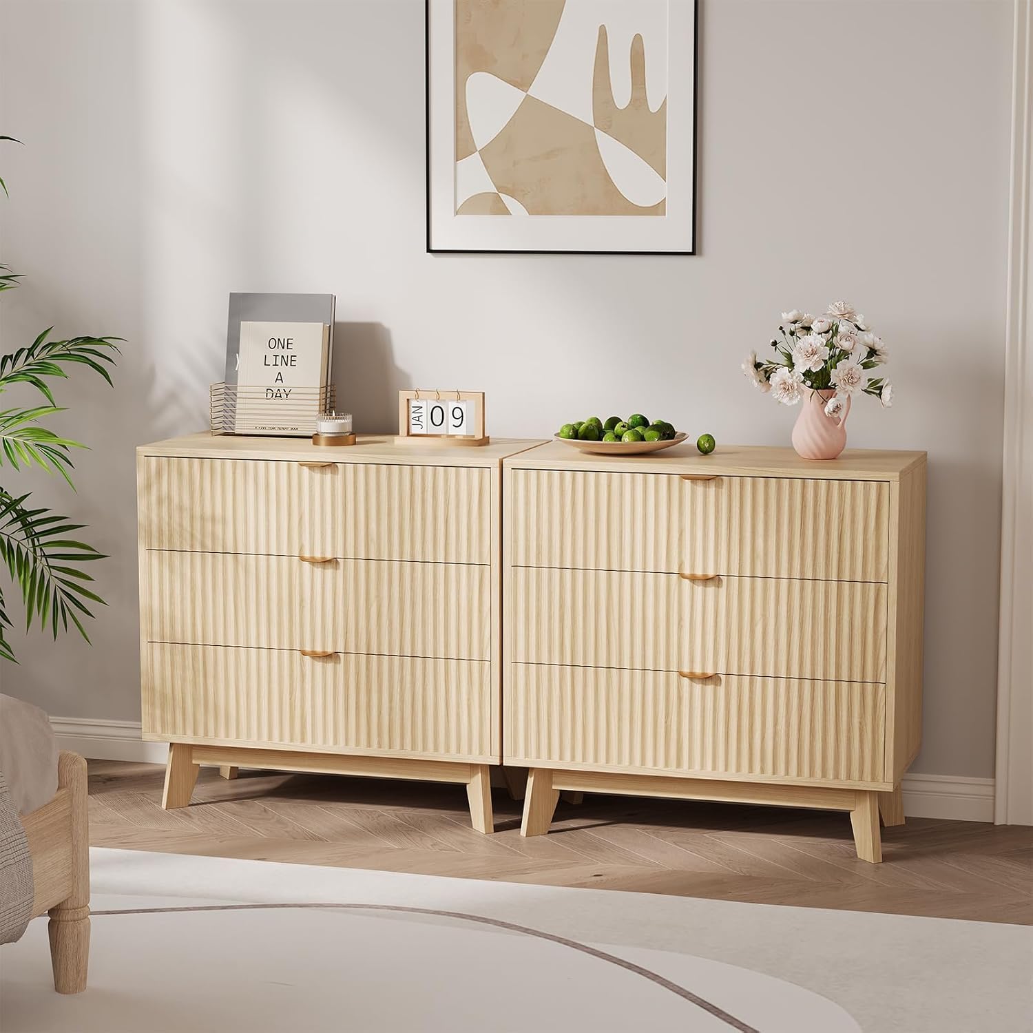 Aoile Natural Oak Fluted 3 Drawer Dresser With Splayed Wood Legs MDF Storage Chest For Bedroom Entryway