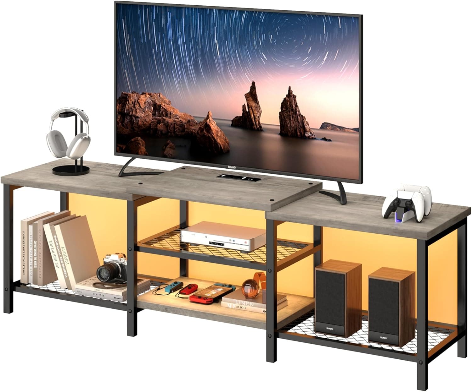 Qeetex LHF-DSG-PHO-33S7F67B TV Stand with LED Lights for 55/65/75 Inch TV 67 Inch Large Entertainment Center with Power Outlets Media Console for Living Room Bedroom - Vintage Grey