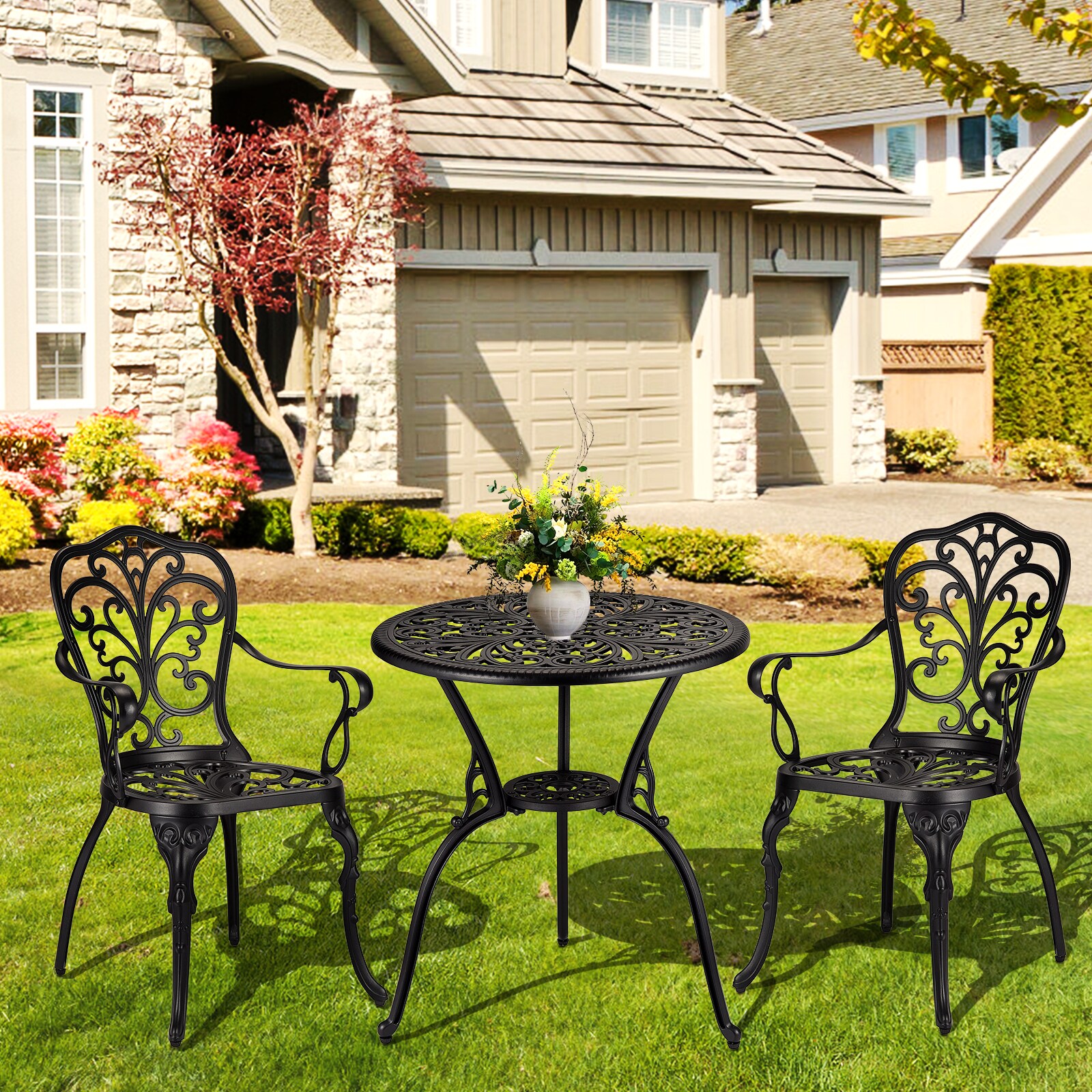 balcony patio set 3pc umbrella Giantex 3 Piece Bistro for Backyard Garden Poolside Each foot of the table and chairs is equipped with height Phi Villa Outdoor Bar Height