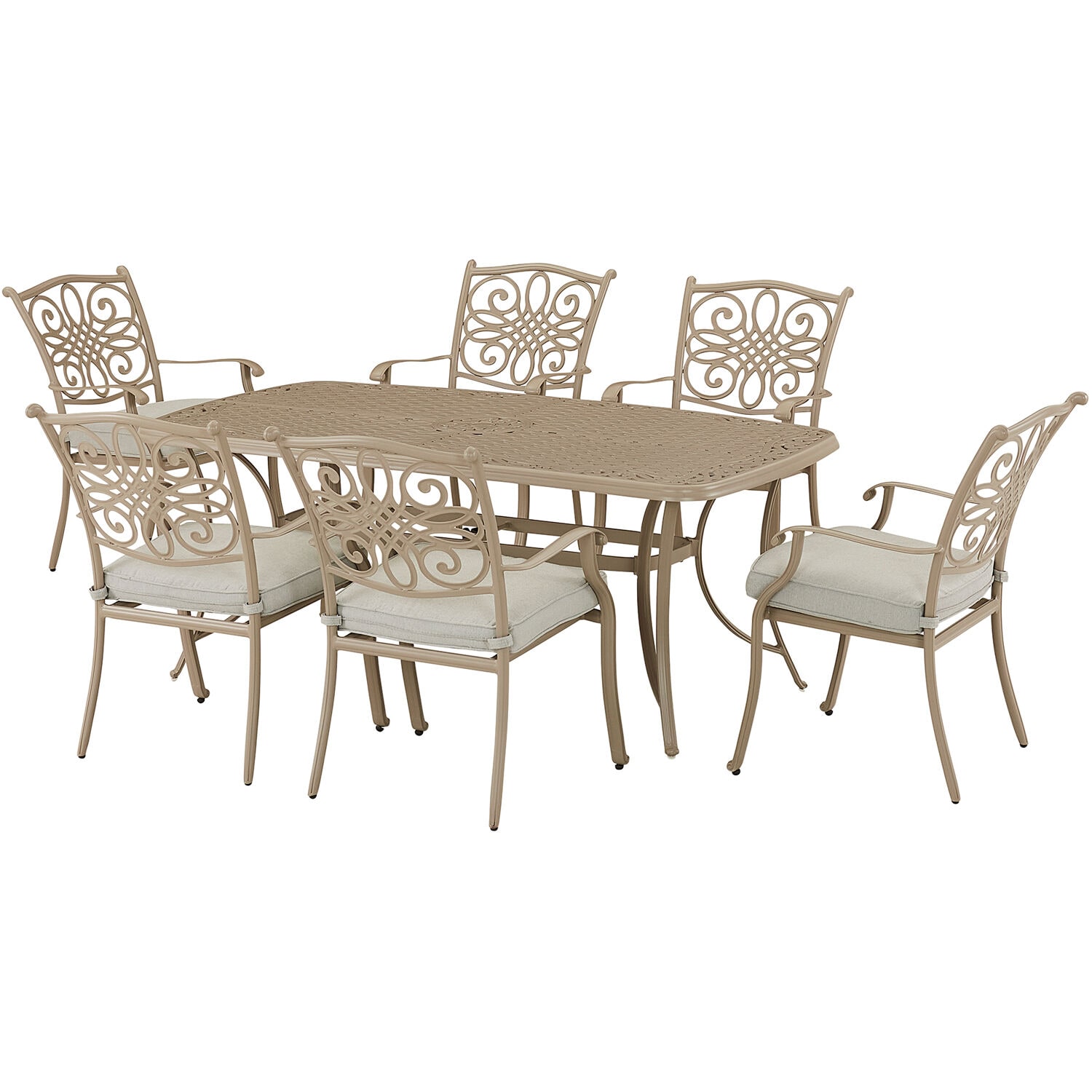 Hanover TRADDNS7PC-BE Traditions 7 -Piece Sand Patio Dining Set Aluminum Rectangle Table with 6 Tan Cushions Stationary Chairs