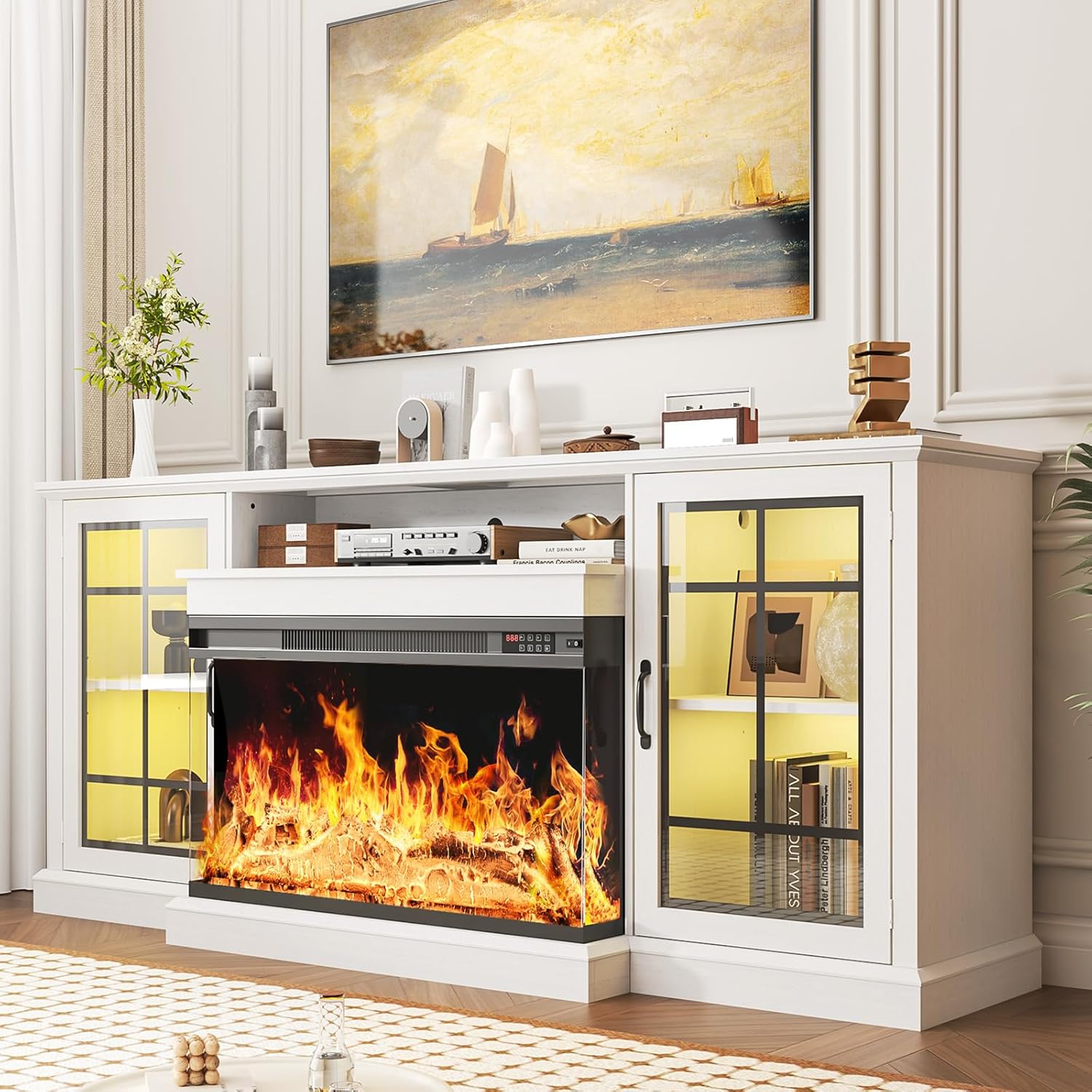 Bapipro TE34A80WB 80-in W White TV Stand with Infrared quartz Flat wall Electric Fireplace with Remote Control Included