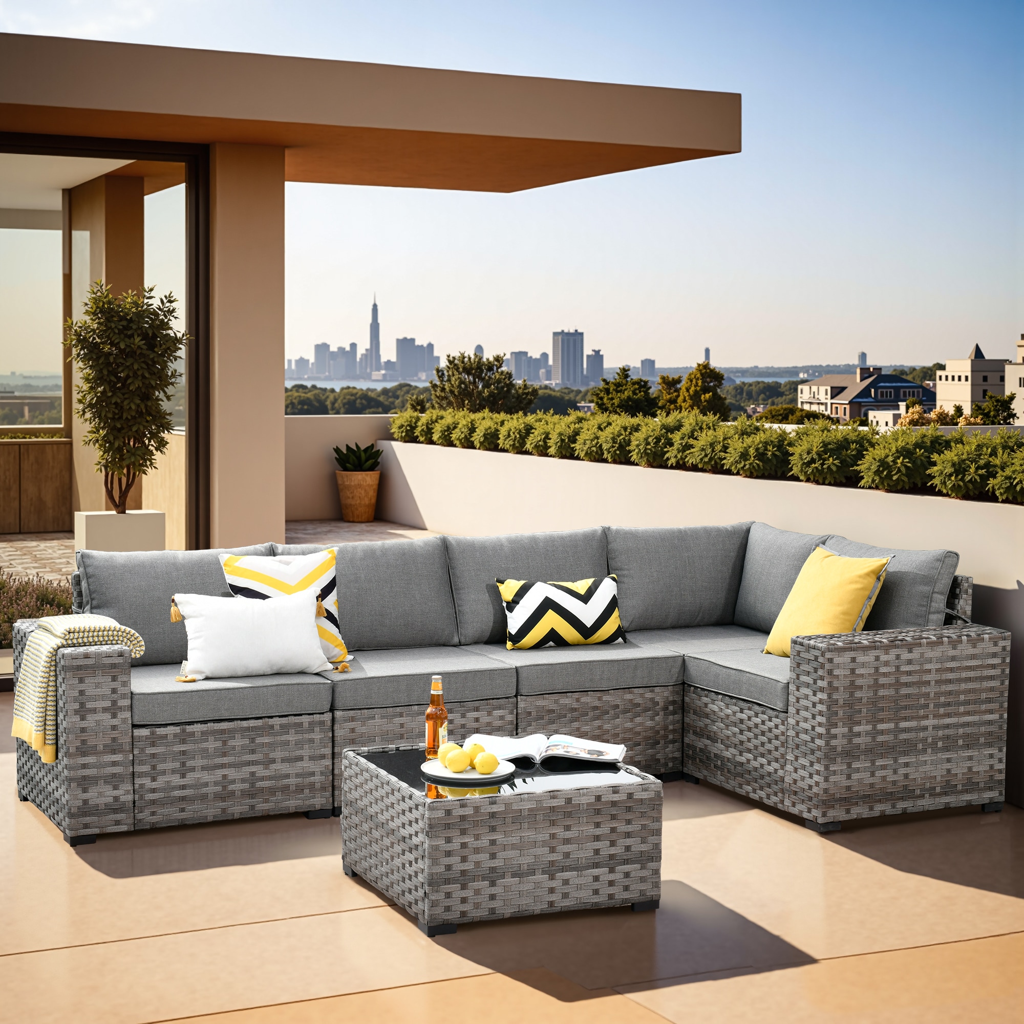 Ovios KFS200 Shine Rattan Outdoor Sectional with Dark gray Cushions and Rattan Frame