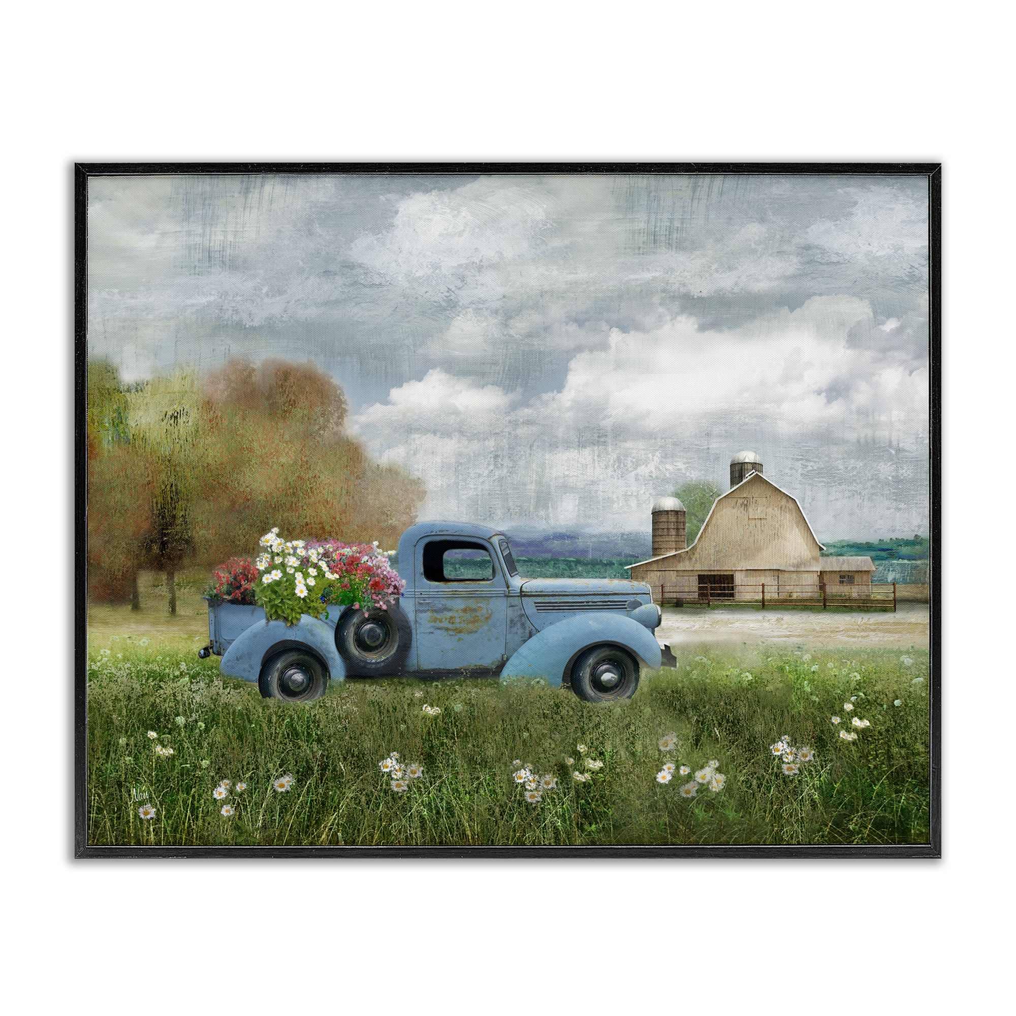 Stupell Industries - Vintage Blue Truck in Meadow Black Framed Giclee Art 20 x 16