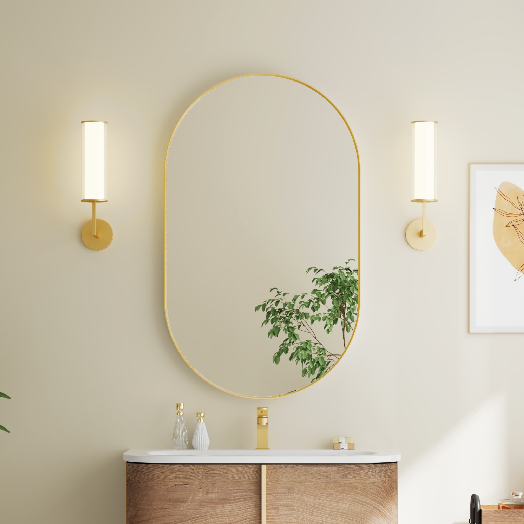 Iseryn - MR 24-in W x 40-in H Oval Brushed Gold Beveled Vanity Mirror