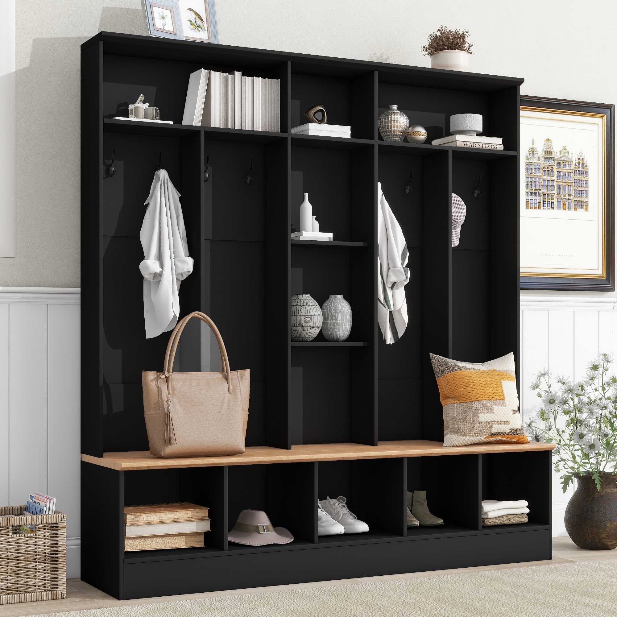 ModernLuxe SD000021AAB Wide Design Hall Tree with Storage BenchMinimalist Shoe Cabinet with Cube Storage and ShelvesMultifunctional Coat Rack with 8 Hooks for EntrywaysMudroomBlack